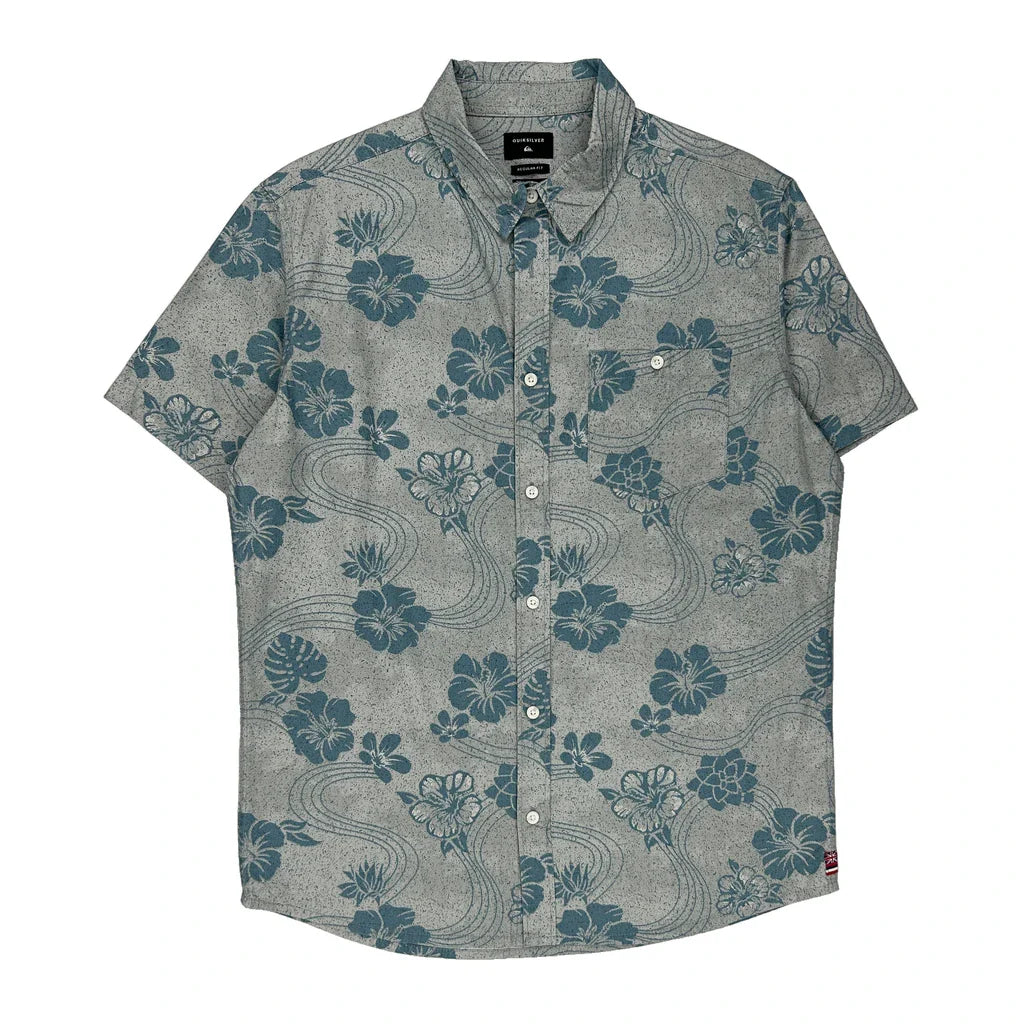Quiksilver Floral Hawaiian Shirt - Medium Blue Cotton Refurbished - Thrifted (note: this is a term often used to describe second- refurbished available on Cerqular