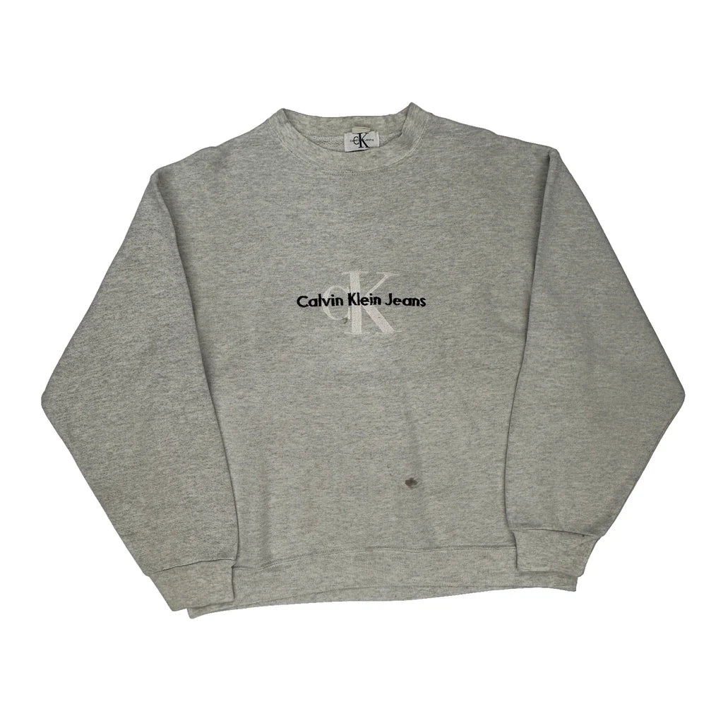 Calvin Klein Jeans Sweatshirt - XL Grey Cotton Blend Refurbished - Thrifted (note: this is a term often used to describe second- refurbished available on Cerqular