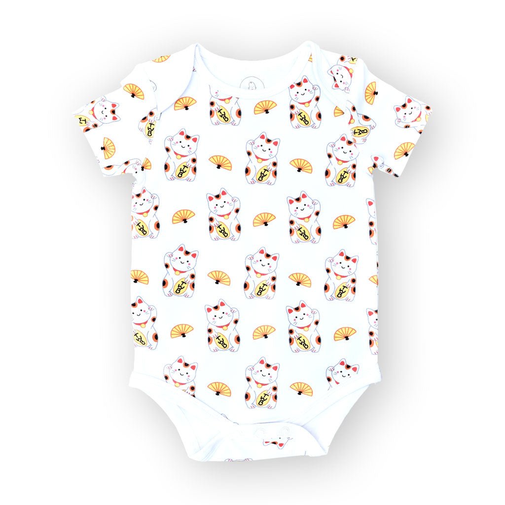 Organic Cotton Baby Onesie - Fortune Lucky Cat Maneki Neko | Size: 3 - 6M Refurbished - The Wee Bean refurbished available on Cerqular