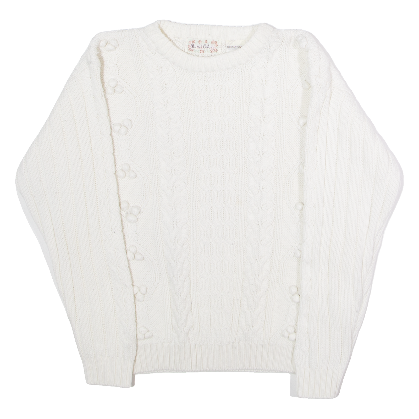 BRITISH COLONY Womens Jumper White Crew Neck 80s Cable Knit L Refurbished - N/A refurbished available on Cerqular