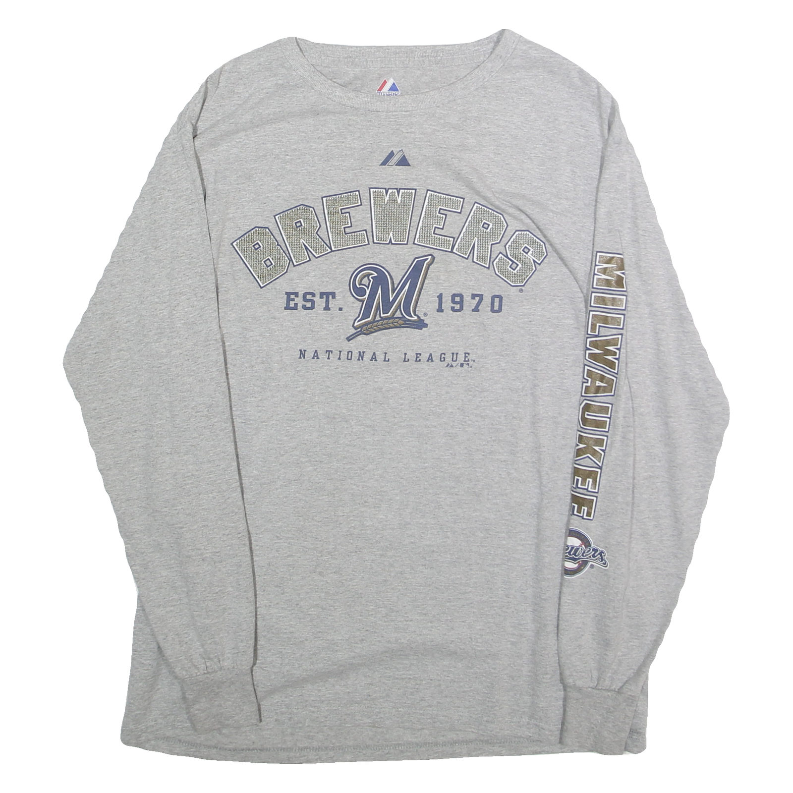 MAJESTIC Mens Grey Brewers Graphic T-Shirt Long Sleeve Crew Neck Milwaukee MLB Refurbished - N/A refurbished available on Cerqular
