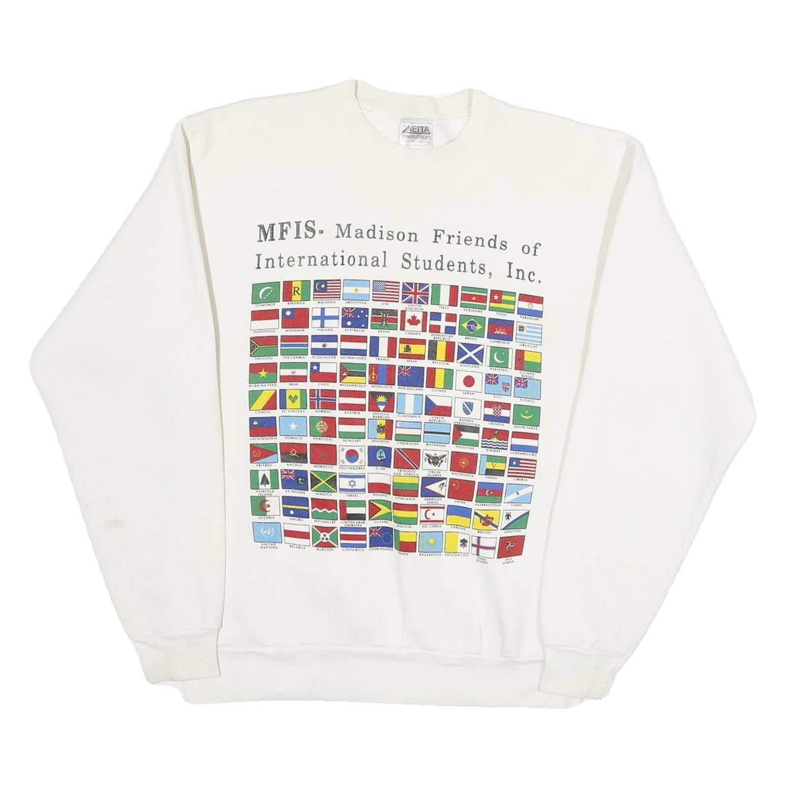 ONEITA Mens White Sweatshirt L Crew Neck Cotton Pullover International Flags Refurbished - N/A refurbished available on Cerqular
