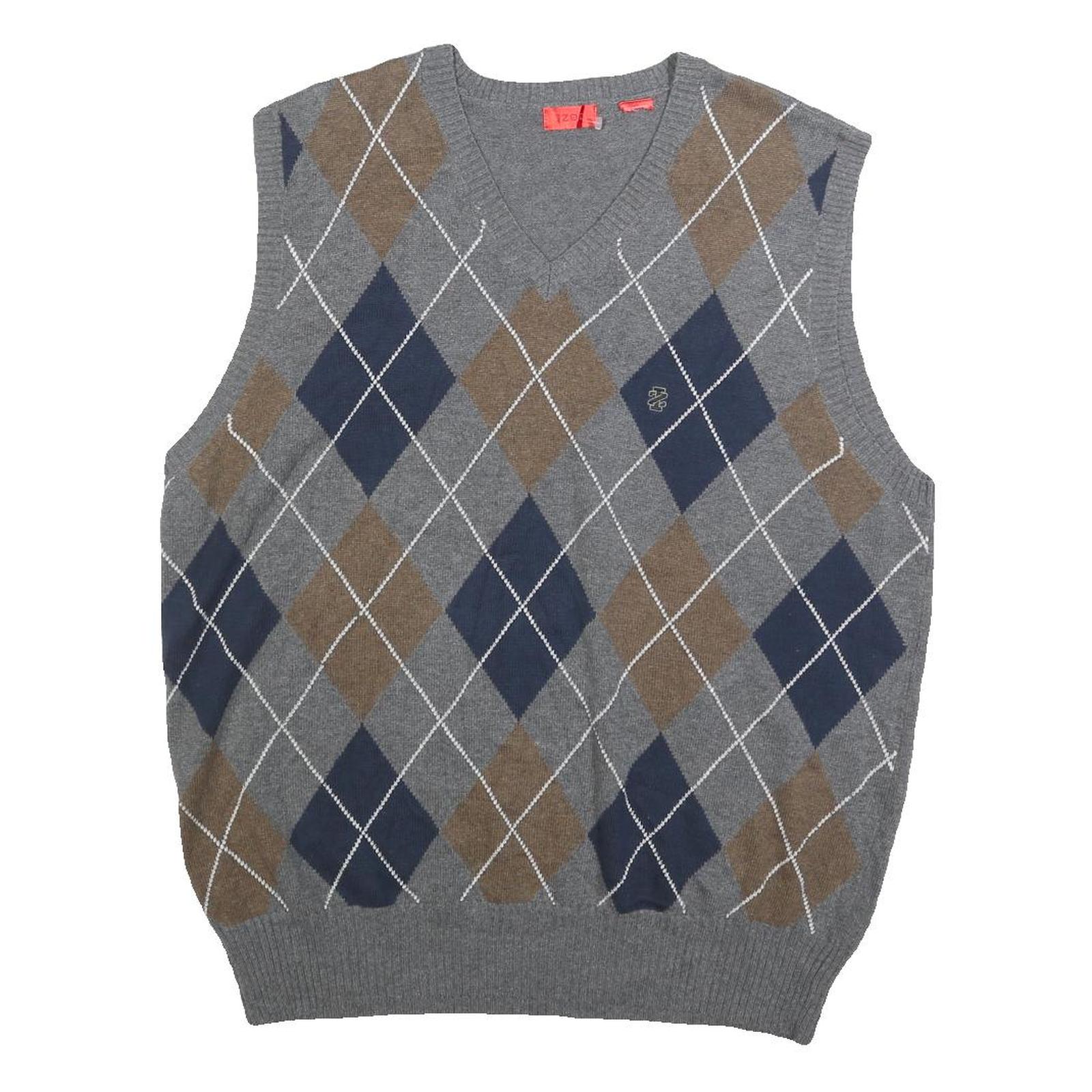 IZOD Mens Grey Brown & Blue Patterned V-Neck Cotton Jumper Vest L Argyle Casual Refurbished - N/A refurbished available on Cerqular