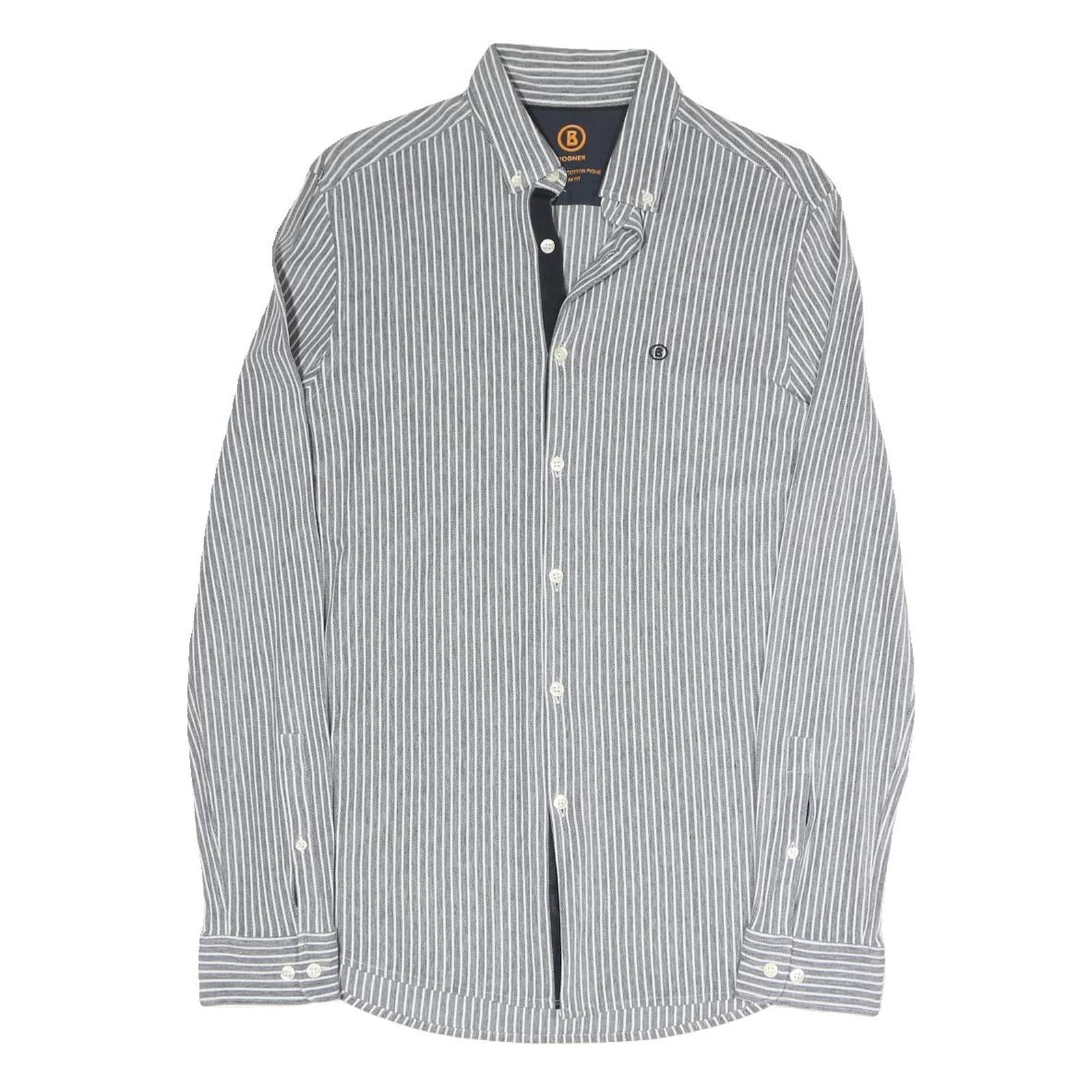 BOGNER Mens Grey & White Stripe Cotton Blend Shirt M Button-Down Collar Long Refurbished - N/A refurbished available on Cerqular