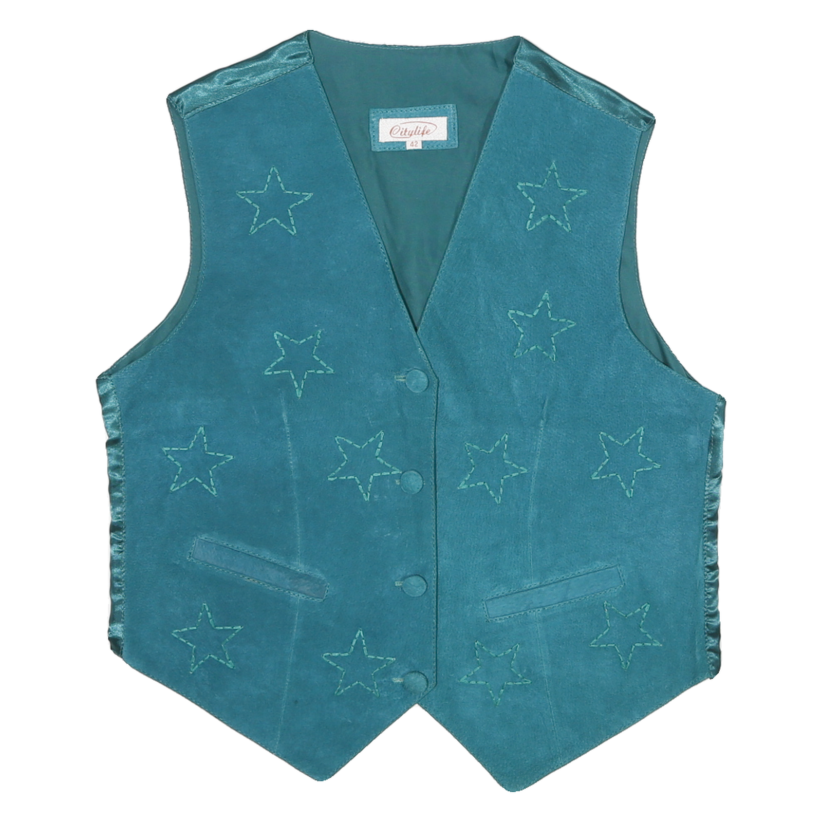 CITYLIFE Womens Teal Leather Button Waistcoat S Suede Star Pattern Elegant Refurbished - N/A refurbished available on Cerqular