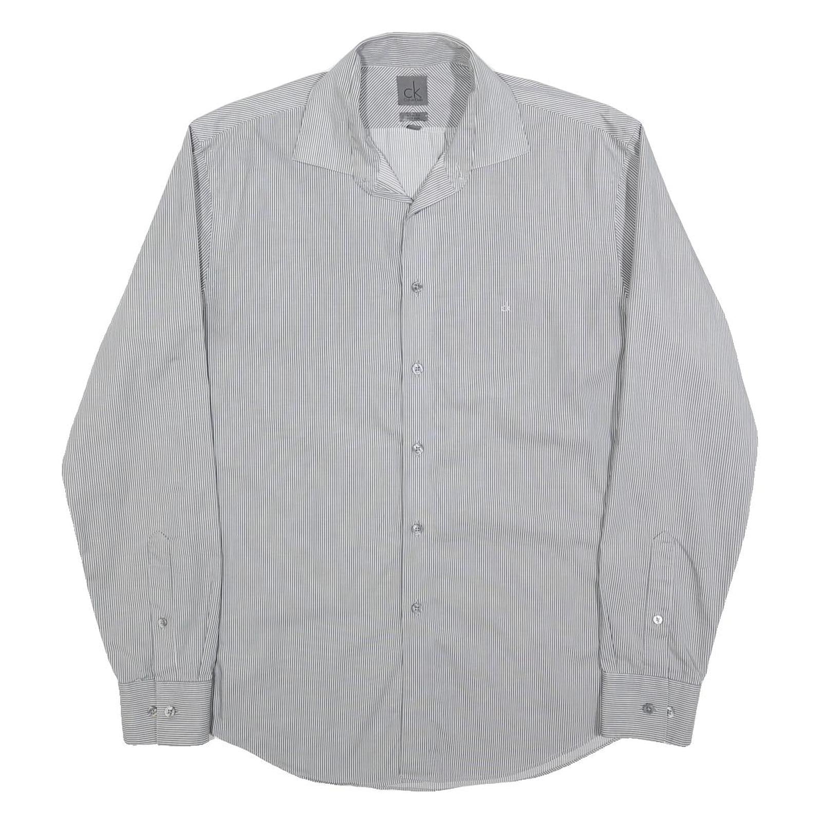 CALVIN KLEIN Mens Grey & White Striped Shirt L Classic Button Up Cotton Blend Refurbished - N/A refurbished available on Cerqular