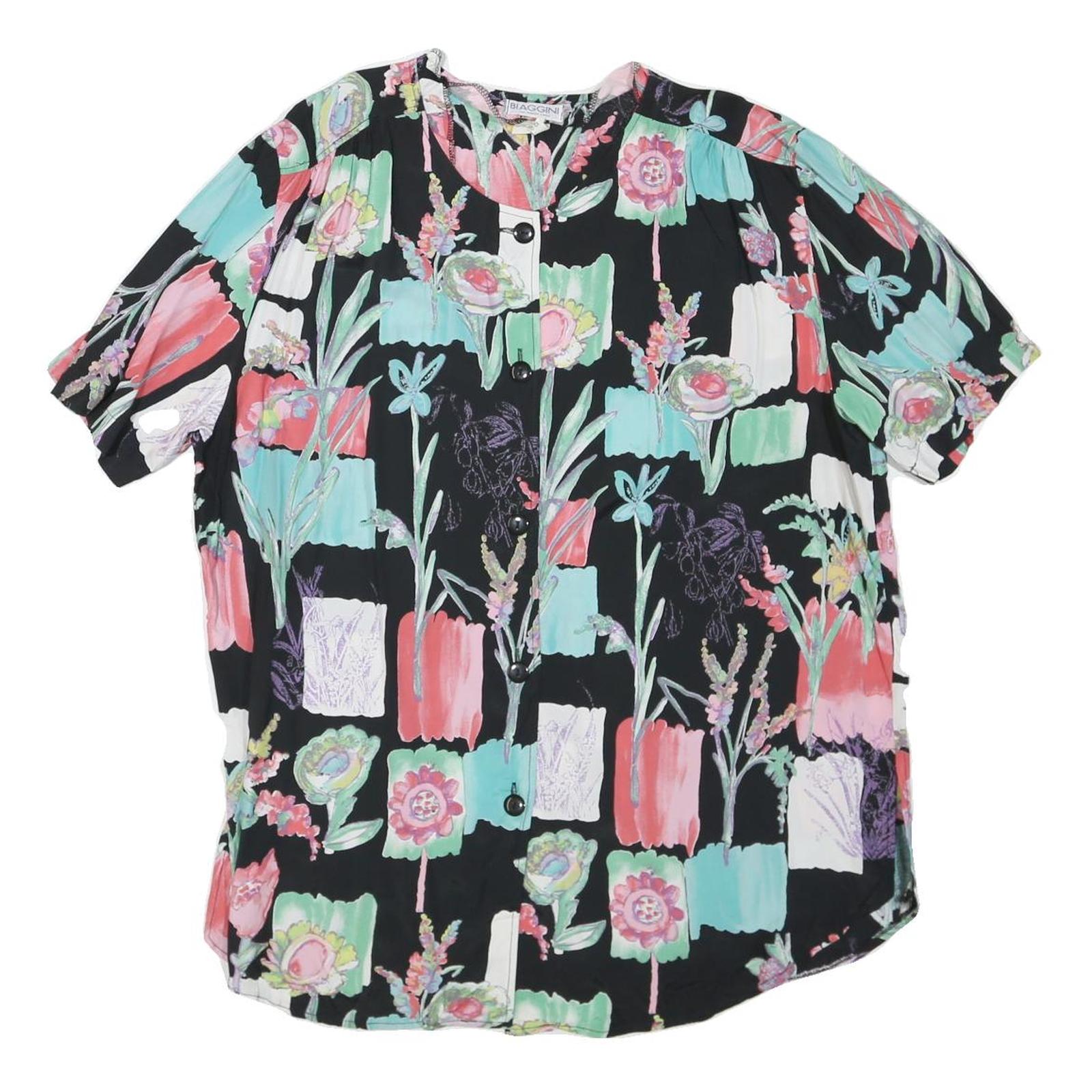 BIAGGINI Womens Black Floral Printed Blouse Short Sleeve Round Neck L Refurbished - N/A refurbished available on Cerqular