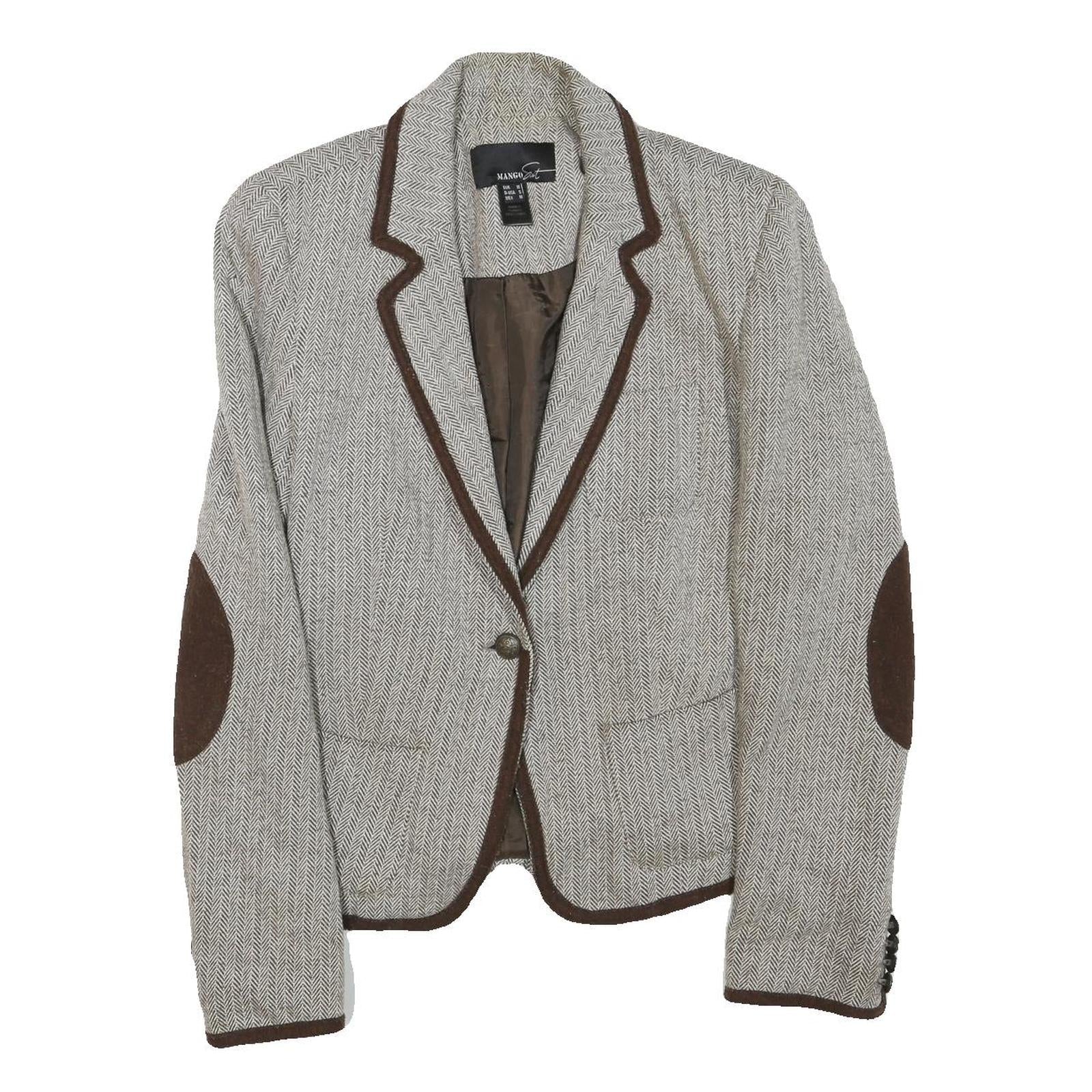 MANGO SUIT Womens Cream & Brown Herringbone Tailored Jacket M Cotton Blend Refurbished - N/A refurbished available on Cerqular