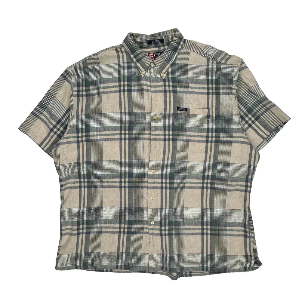 Chaps Ralph Lauren Checked Short Sleeve Shirt - 2XL Beige Linen Blend Refurbished - Thrifted (note: this is a term often used to describe second- refurbished available on Cerqular