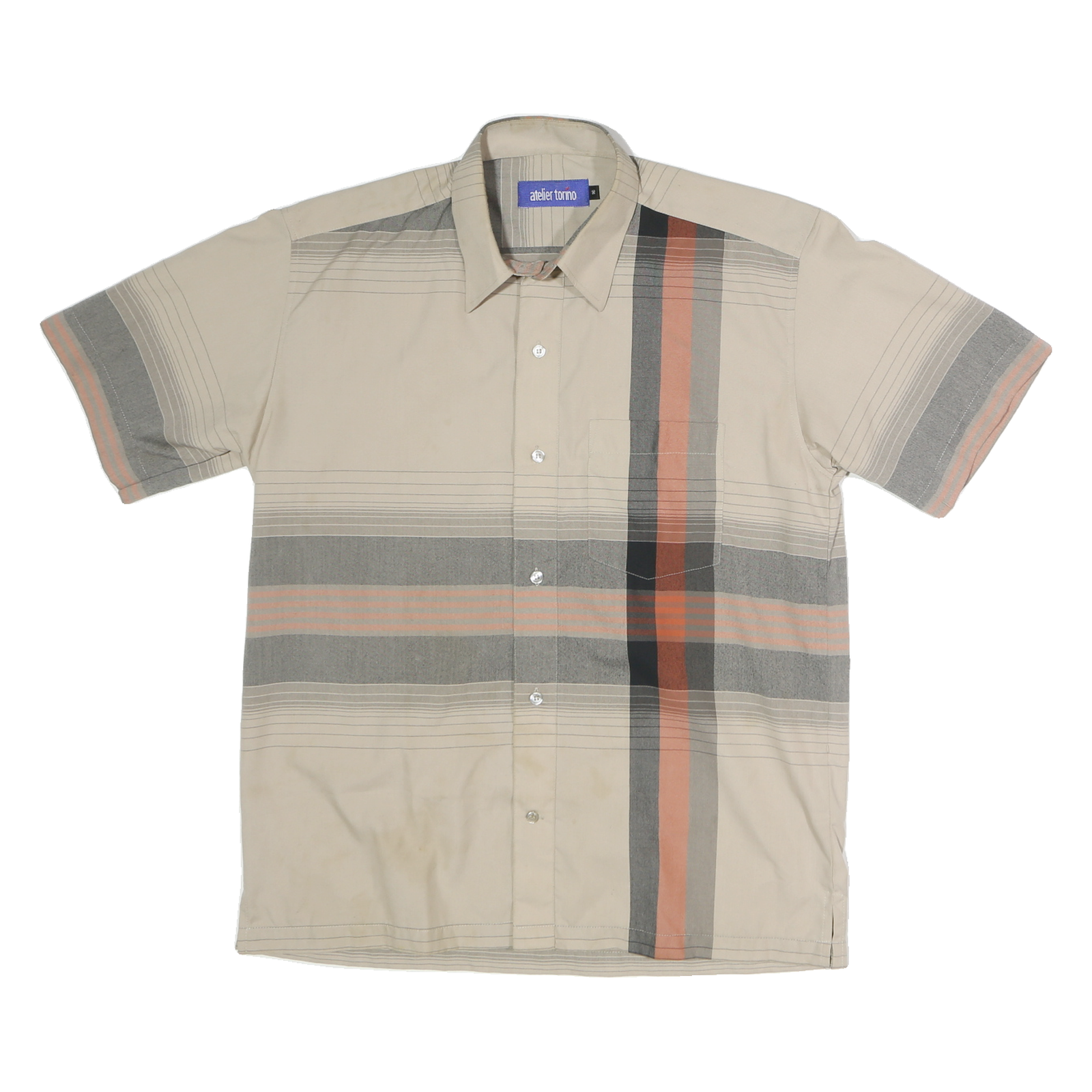 ATELIER TORINO Mens Beige & Grey Striped Button Cotton Blend Shirt L Relaxed Fit Refurbished - N/A refurbished available on Cerqular