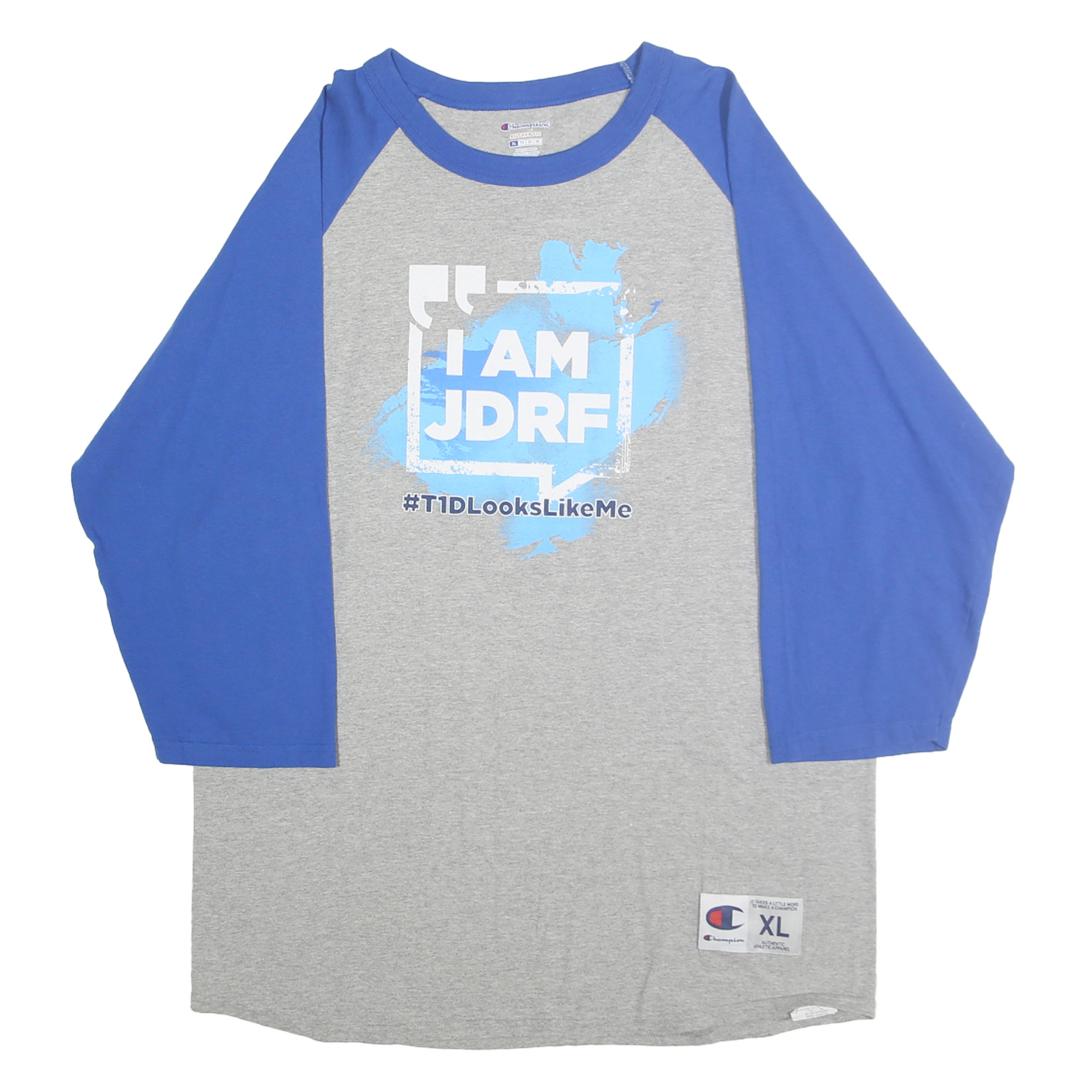 CHAMPION Mens Grey & Blue I Am JDRF Graphic Raglan XL Long Sleeve Crew Neck Refurbished - N/A refurbished available on Cerqular