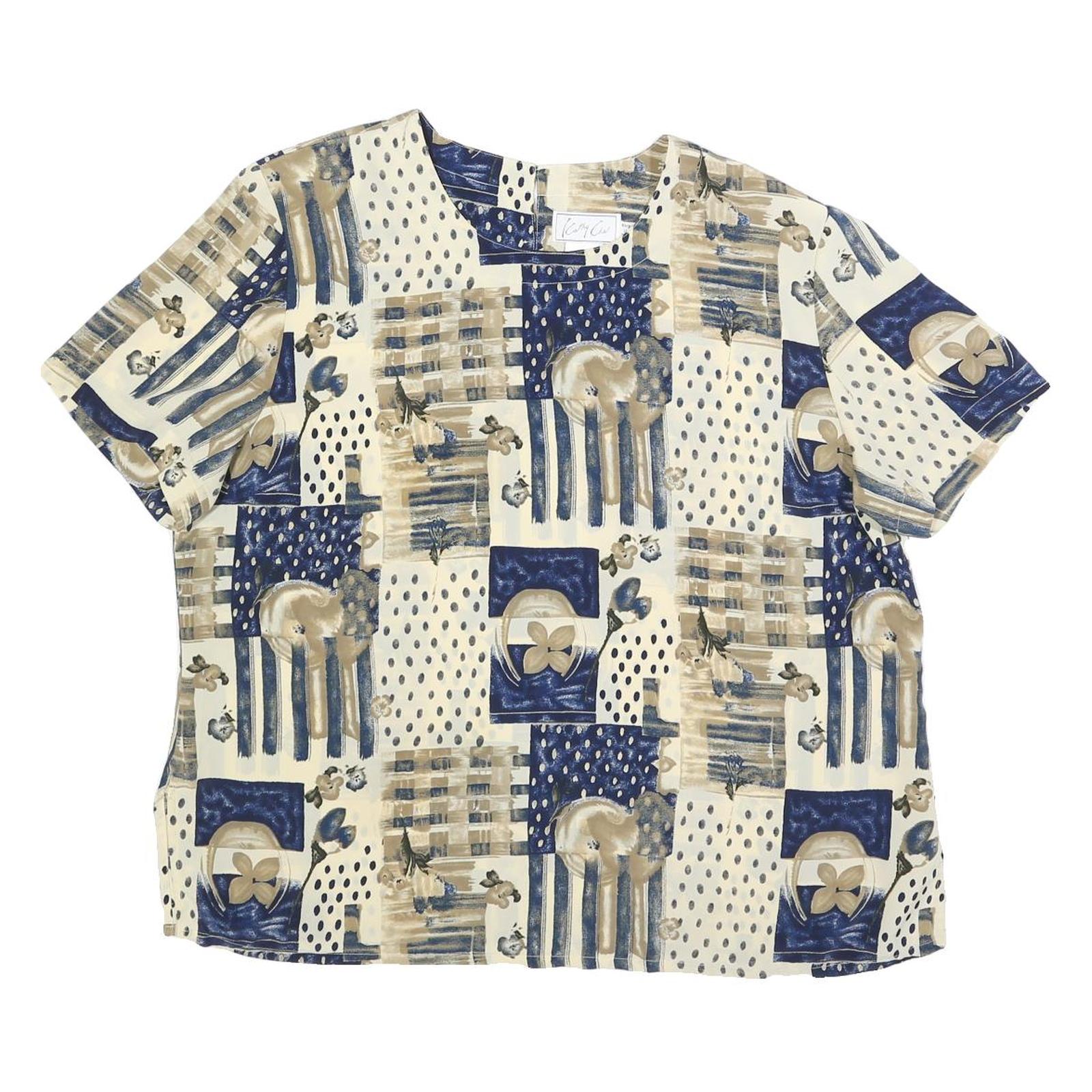 KATHY CHE Womens Cream & Blue Printed Top Short Sleeve Round Neck XL Relaxed Fit Refurbished - N/A refurbished available on Cerqular