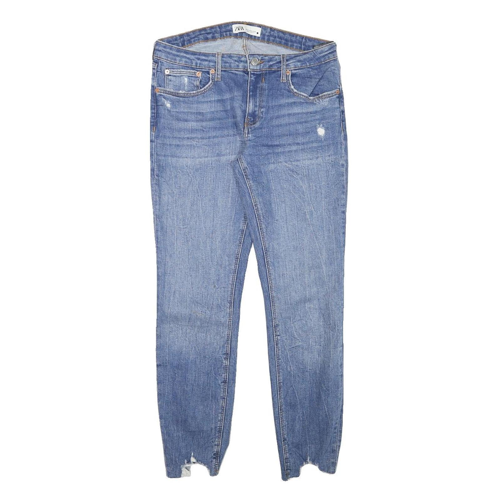 ZARA Womens Slim Blue Denim Jeans W30 L28 Distressed Raw Hem Cotton Blend Zip Refurbished - N/A refurbished available on Cerqular