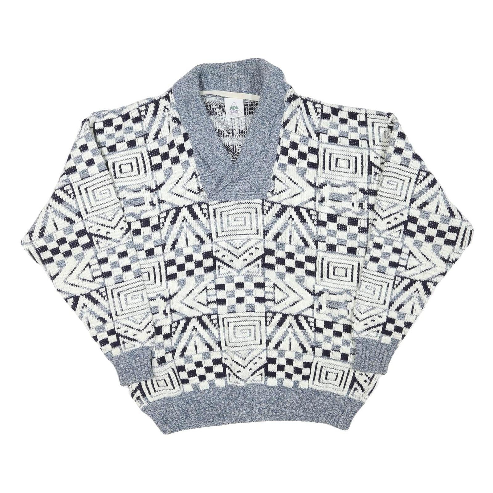 NEW TAST Mens Grey & White Patterned Jumper Shawl Collar Chunky Knit L Acrylic Refurbished - N/A refurbished available on Cerqular