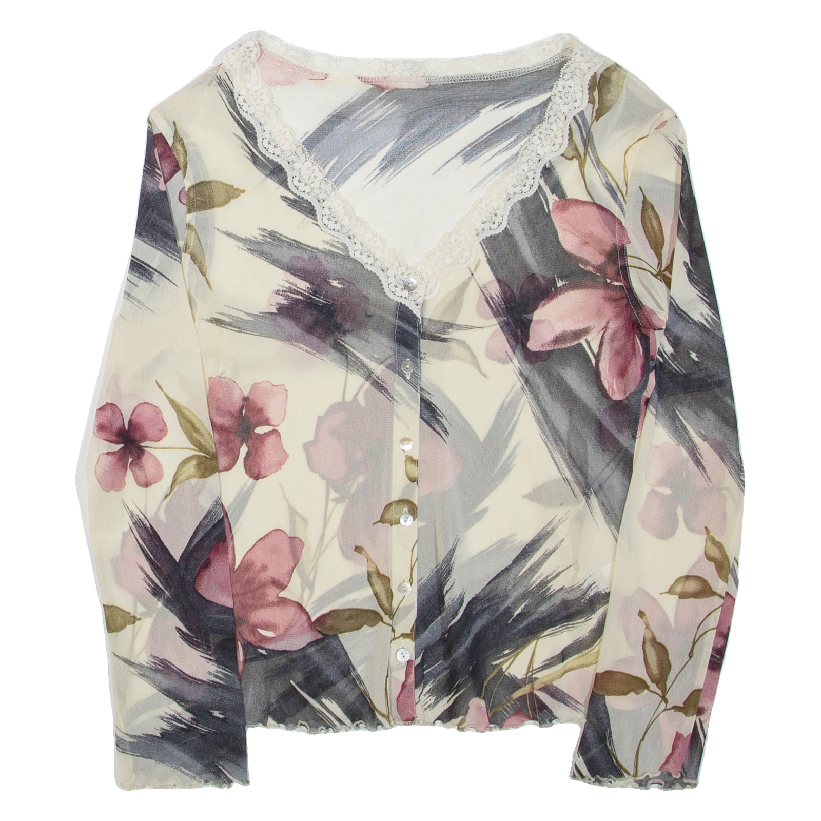 Sheer Womens Printed Top Cream V-Neck Long Sleeve Floral L Refurbished - N/A refurbished available on Cerqular