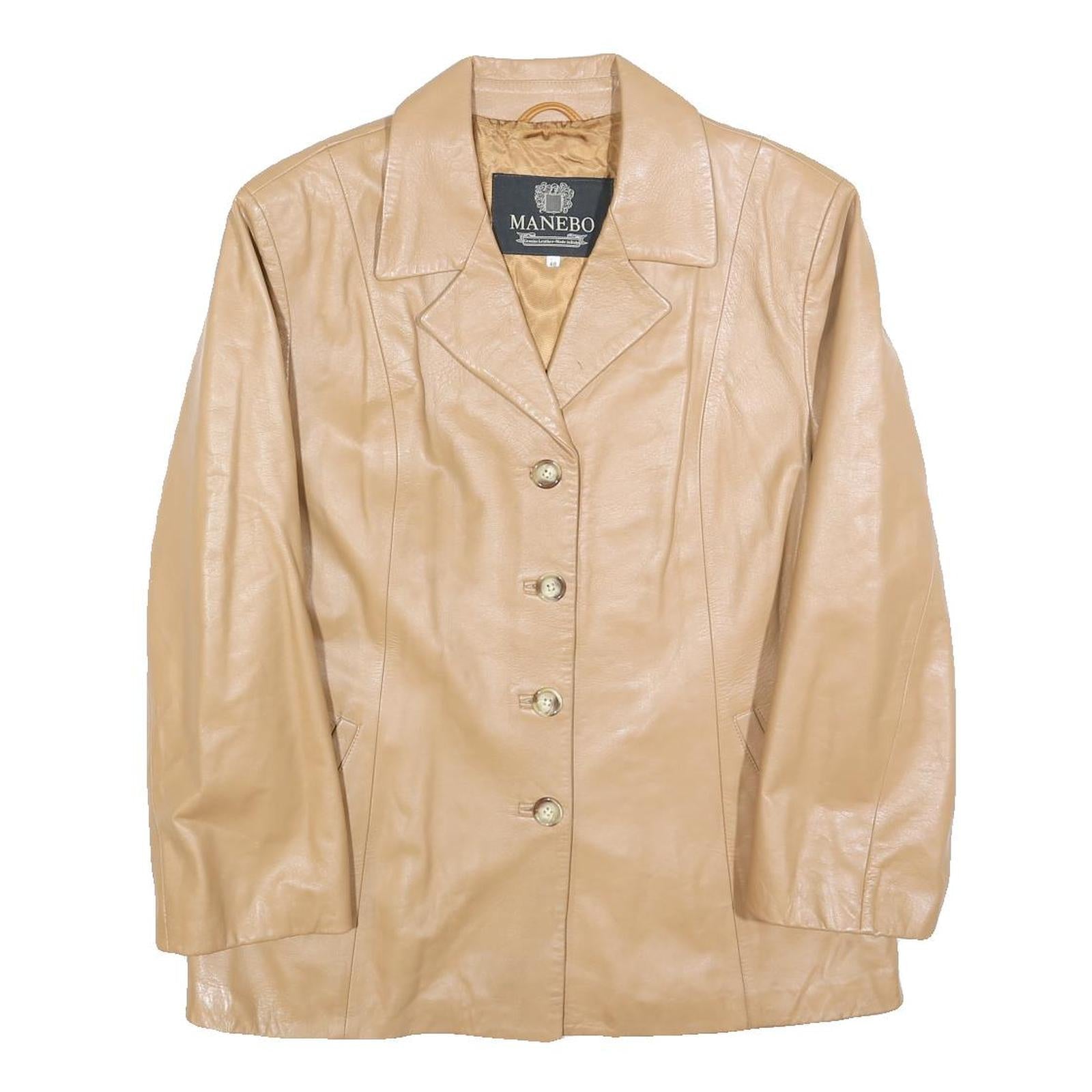 MANEBO Womens Beige Leather Button Jacket M Smooth Finish Classic Style Refurbished - N/A refurbished available on Cerqular