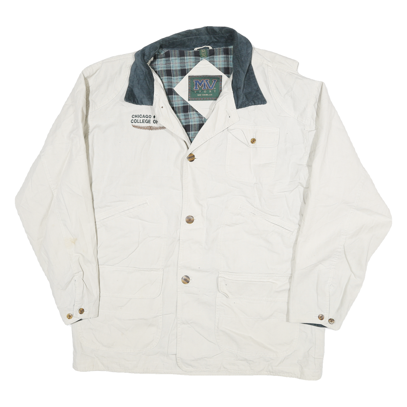 MV SPORT Mens White & Navy Coat Jacket M Cotton Button Plaid Check Casual Refurbished - N/A refurbished available on Cerqular