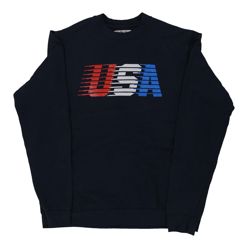 USA Rg Graphic Sweatshirt - Large Navy Cotton Blend | Size: large Refurbished - Thrifted (note: this is a term often used to describe second- refurbished available on Cerqular