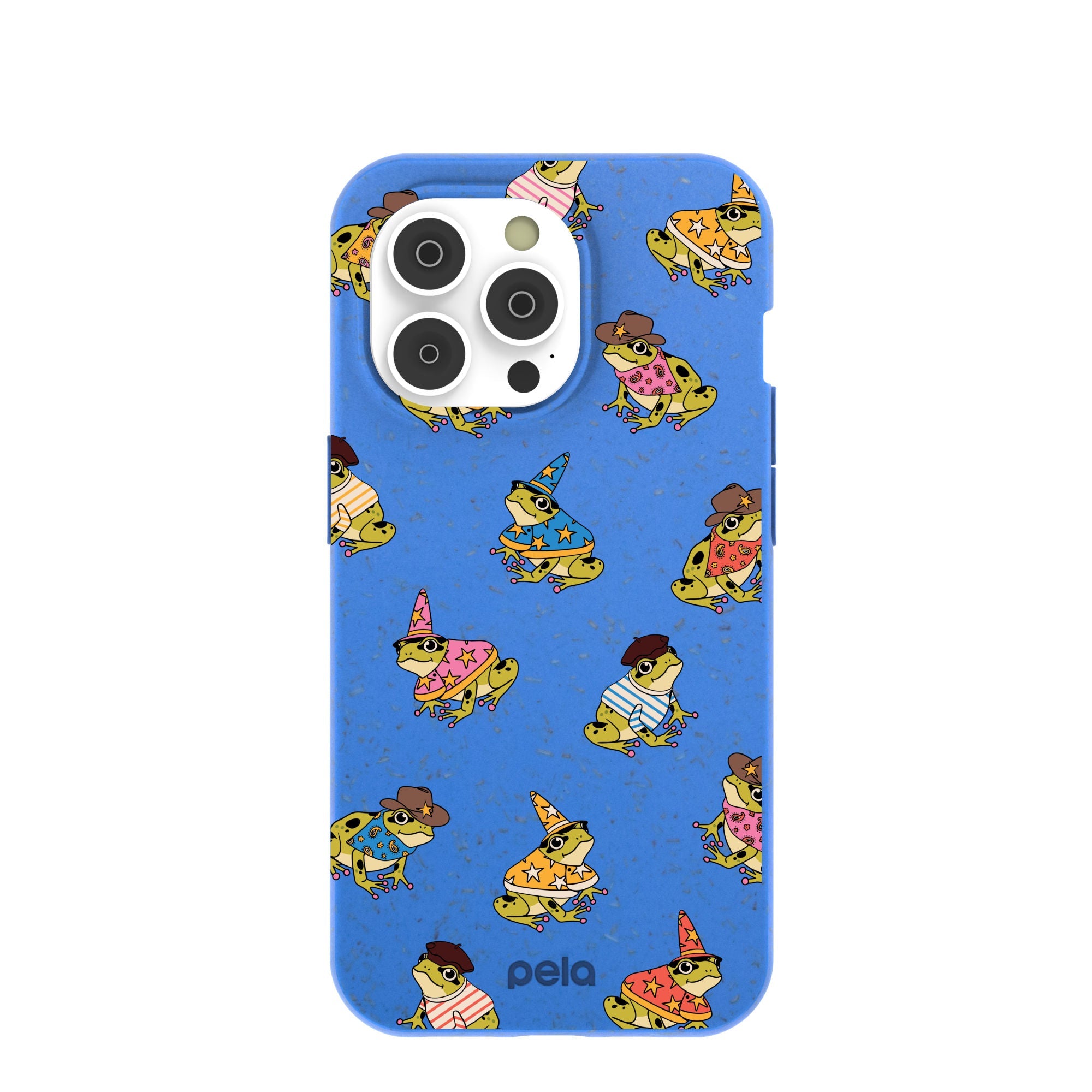 Electric Blue Fancy Frogs iPhone 14 Pro Case Refurbished - Pela Case refurbished available on Cerqular