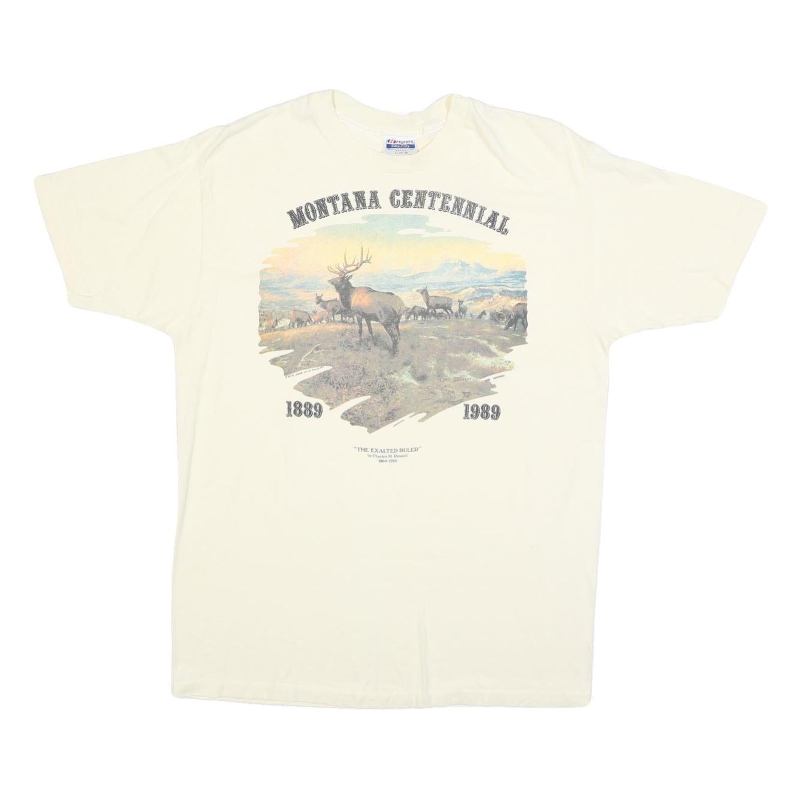 HANES Mens Cream Montana Centennial Graphic T-Shirt XL Short Sleeve Crew Neck Refurbished - N/A refurbished available on Cerqular