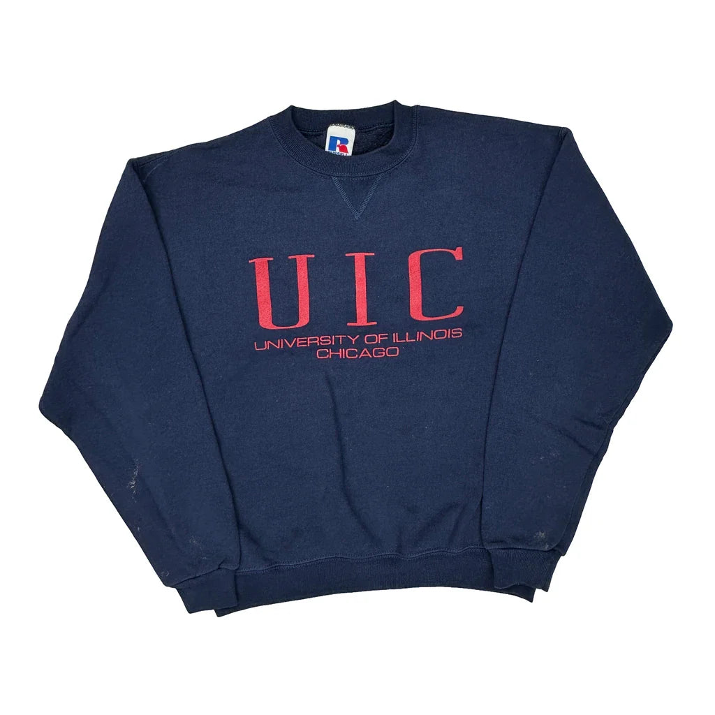 University Of Illinois Chicago Russell Athletic College Sweatshirt - Large Navy Cotton Refurbished - Thrifted (note: this is a term often used to describe second- refurbished available on Cerqular