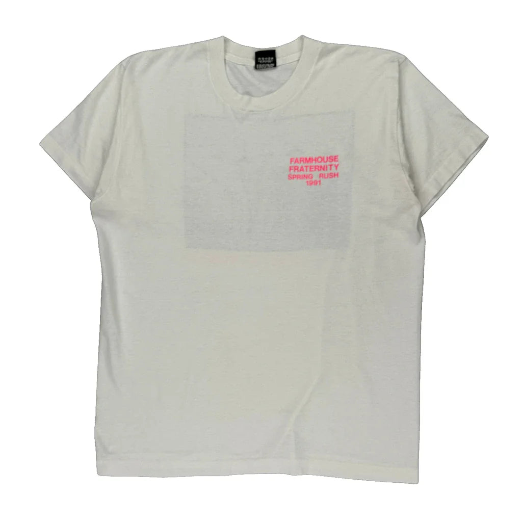 Farmhouse Fraternity Spring Rush 1991 Screen Stars Graphic T-Shirt - XL White Cotton Blend Refurbished - Thrifted (note: this is a term often used to describe second- refurbished available on Cerqular