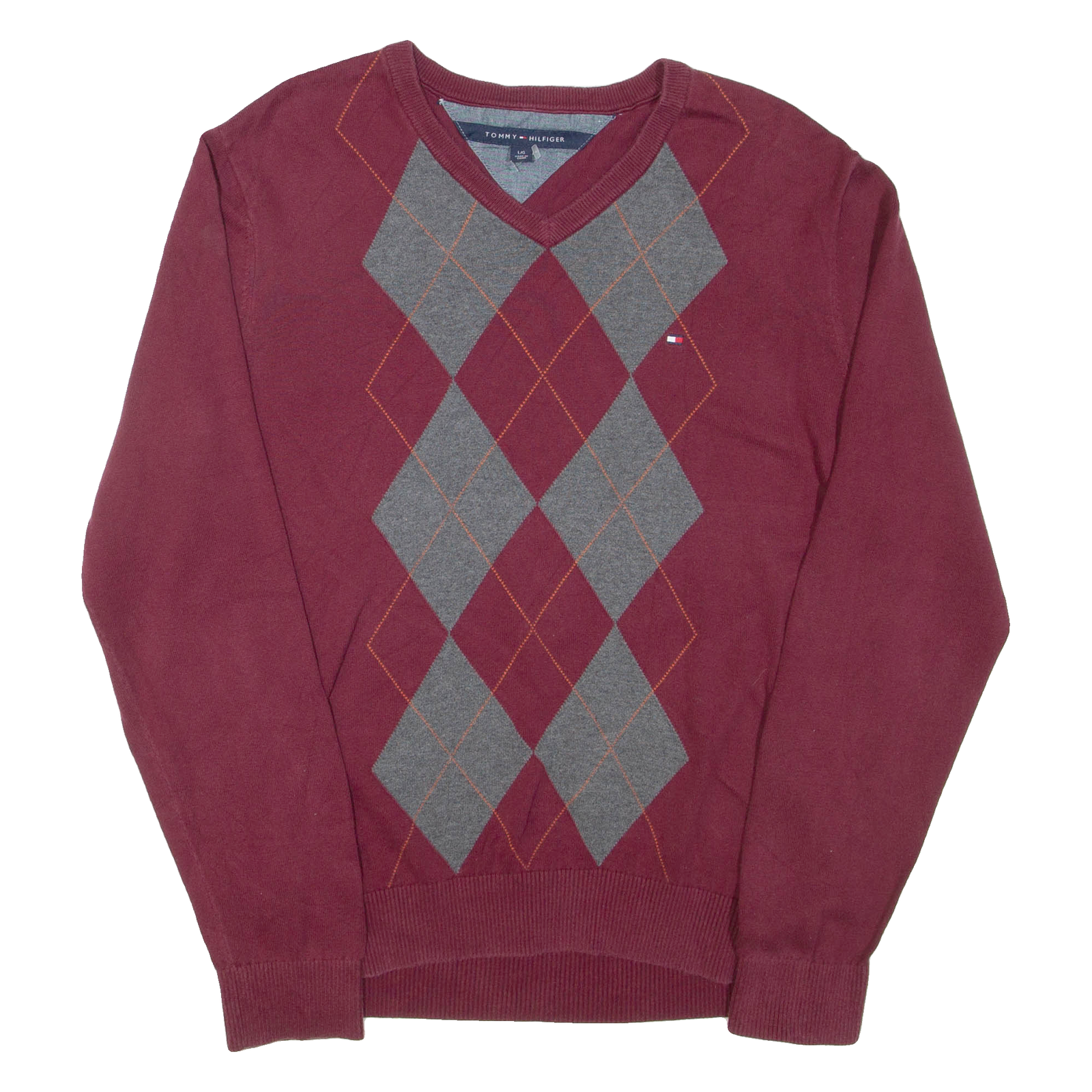 TOMMY HILFIGER Mens Patterned Jumper Maroon Argyle V-Neck Tight Knit L Refurbished - N/A refurbished available on Cerqular