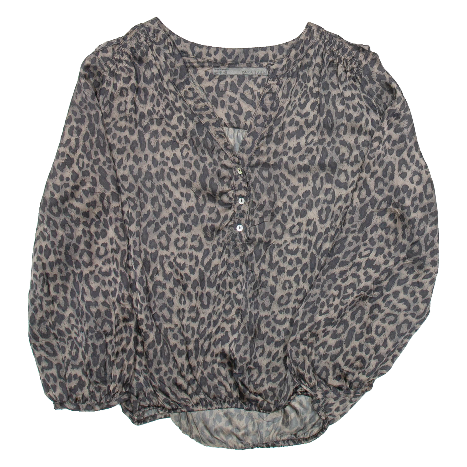ZARA Womens Printed Blouse Brown V-Neck Puff Sleeve Animal Print M Refurbished - N/A refurbished available on Cerqular