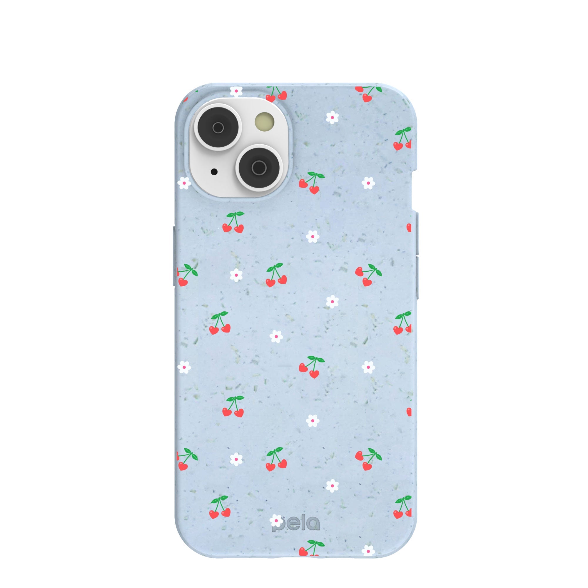 Powder Blue Sweet Cherries iPhone 14/16e Case Refurbished - Pela Case refurbished available on Cerqular