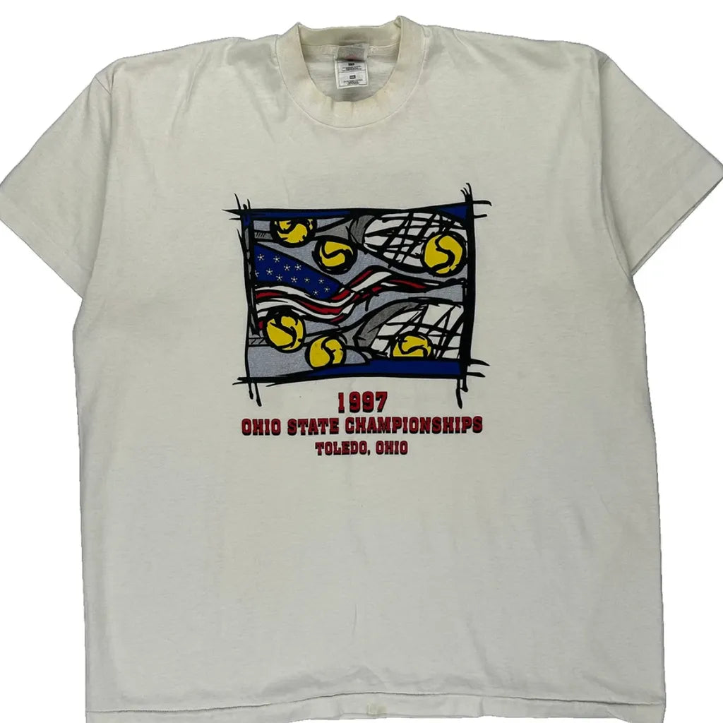 Ohio State Championships Fruit Of The Loom Graphic T-Shirt - 2XL White Cotton Blend Refurbished - Thrifted (note: this is a term often used to describe second- refurbished available on Cerqular