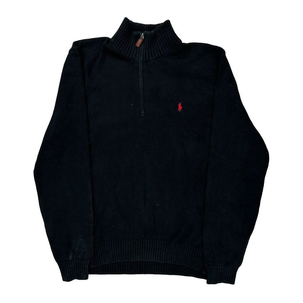 Polo By Ralph Lauren 1/4 Zip - 2XL Black Cotton Refurbished - Thrifted (note: this is a term often used to describe second- refurbished available on Cerqular