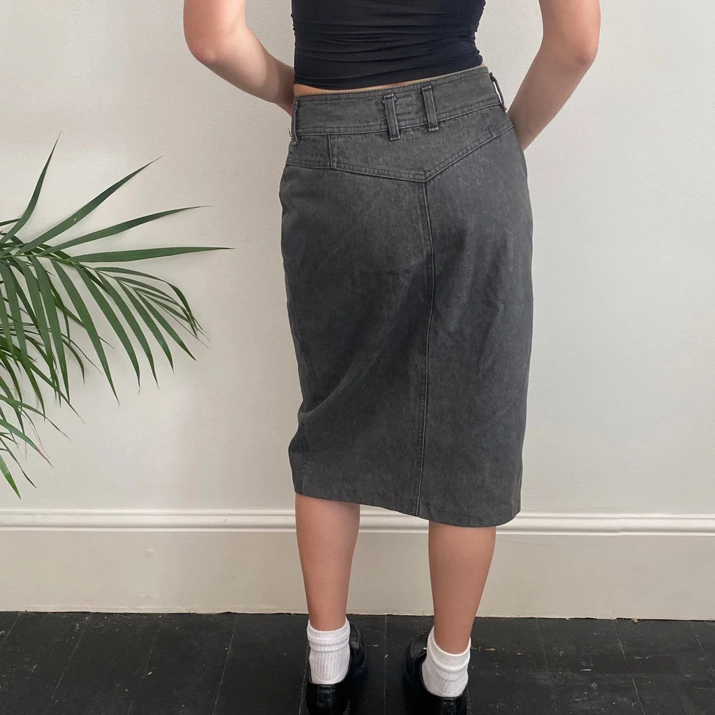 Blooming Midi Denim Skirt - 28W UK 8 Black Cotton Refurbished - Thrifted (note: this is a term often used to describe second- refurbished available on Cerqular