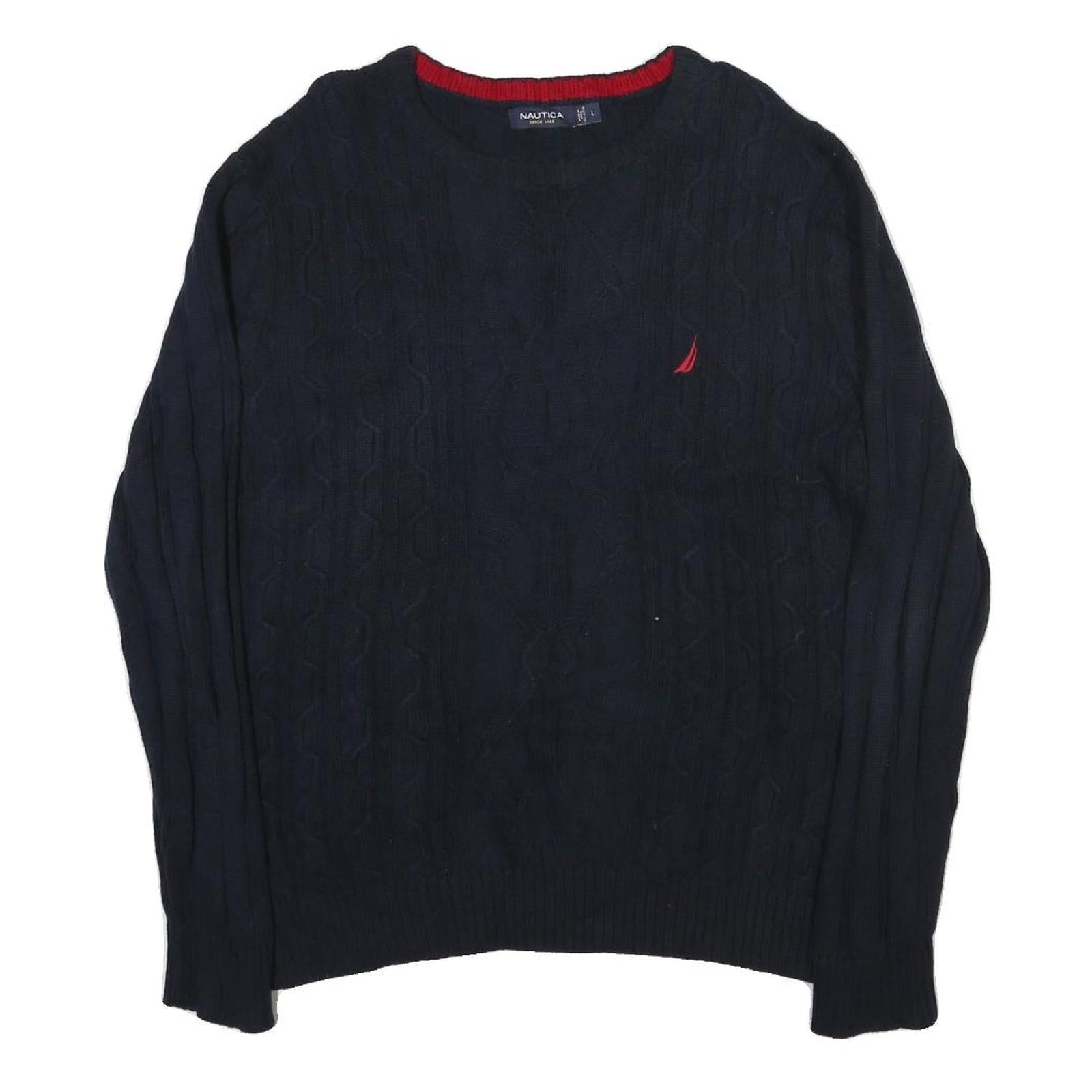 NAUTICA Mens Navy Patterned Cotton Blend Jumper Crew Neck Cable Knit L Stylish Refurbished - N/A refurbished available on Cerqular