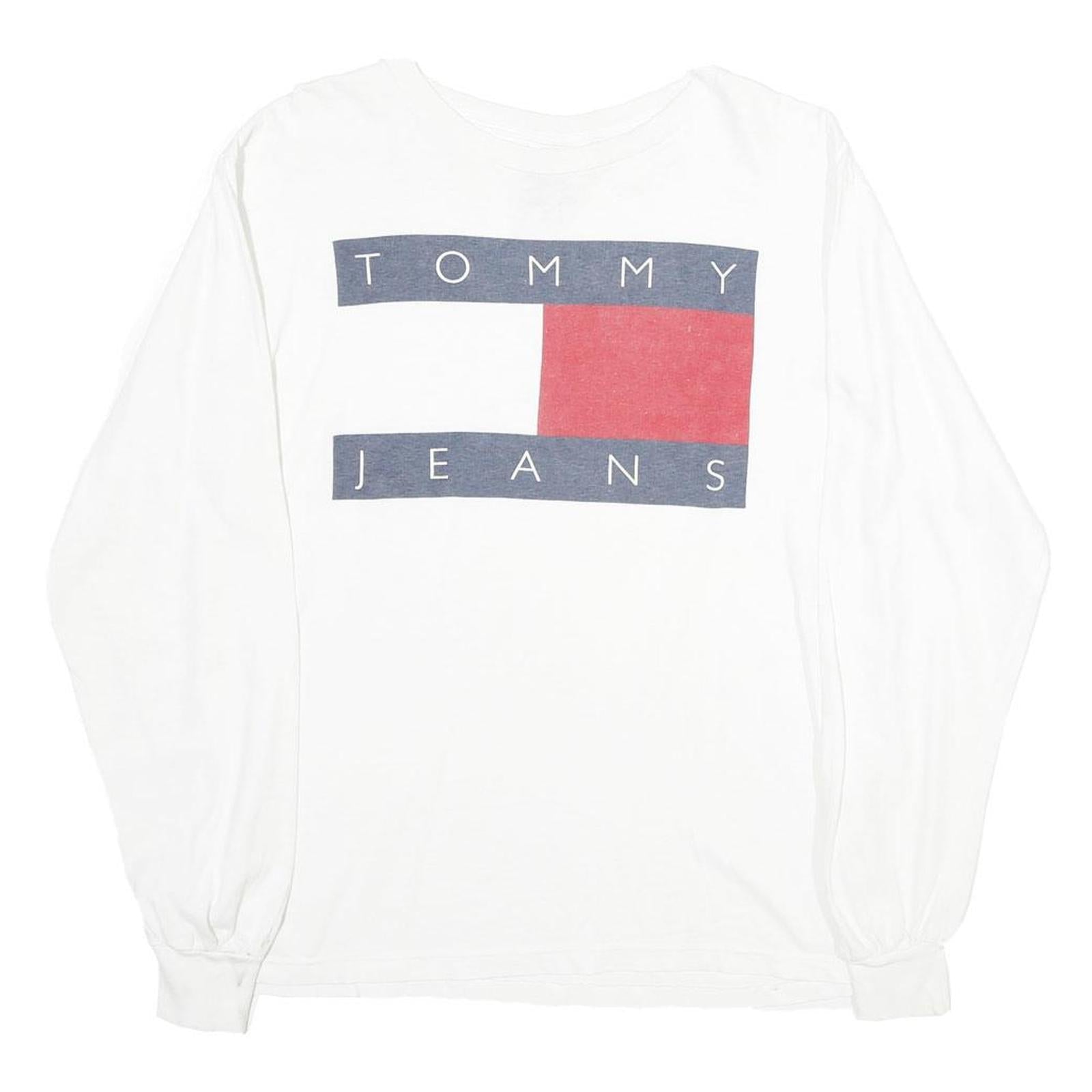 TOMMY HILFIGER Mens White Graphic T-Shirt L Long Sleeve Crew Neck Cotton Refurbished - N/A refurbished available on Cerqular