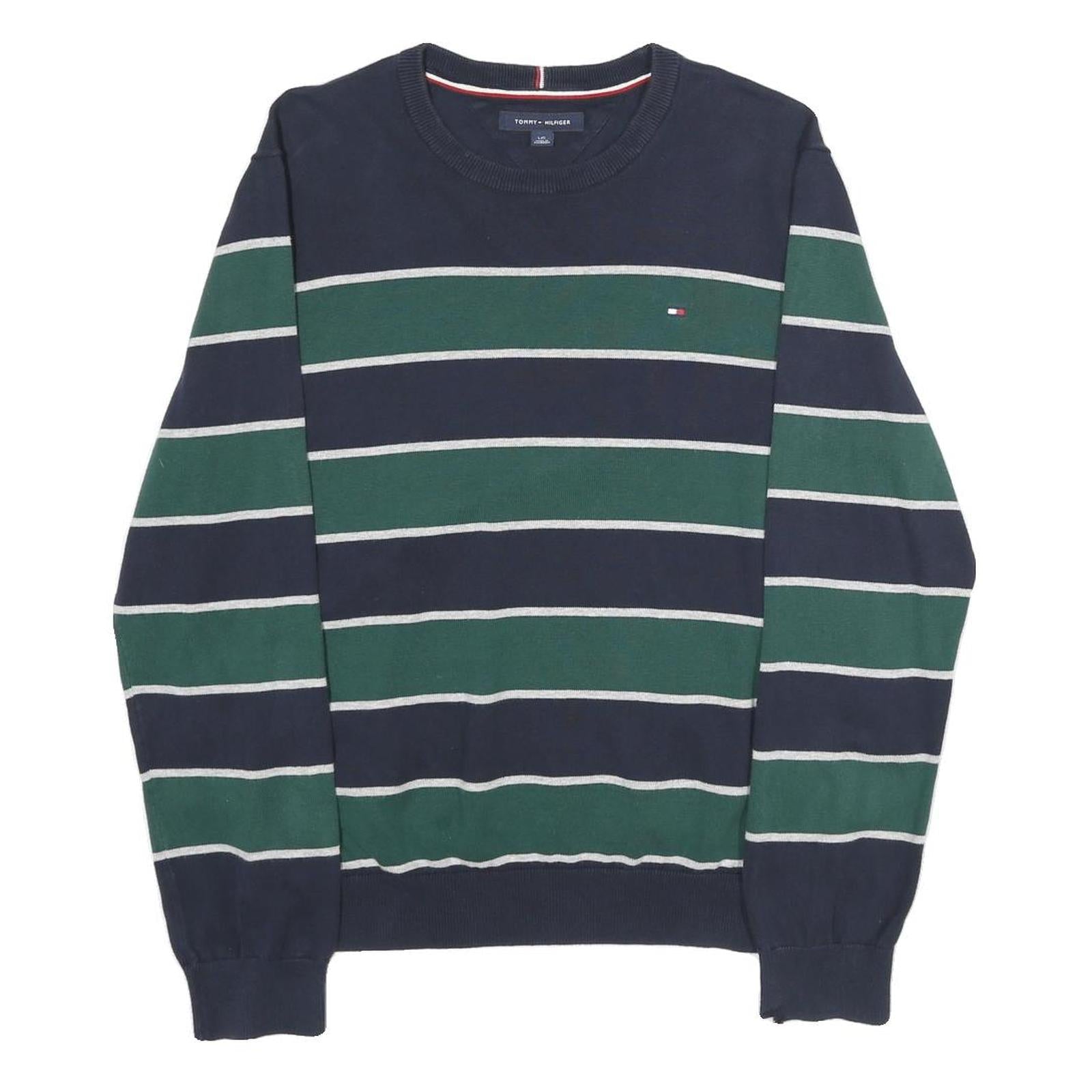 TOMMY HILFIGER Mens Navy & Green Striped Pattern Plain Crew Neck Jumper L Cotton Refurbished - N/A refurbished available on Cerqular