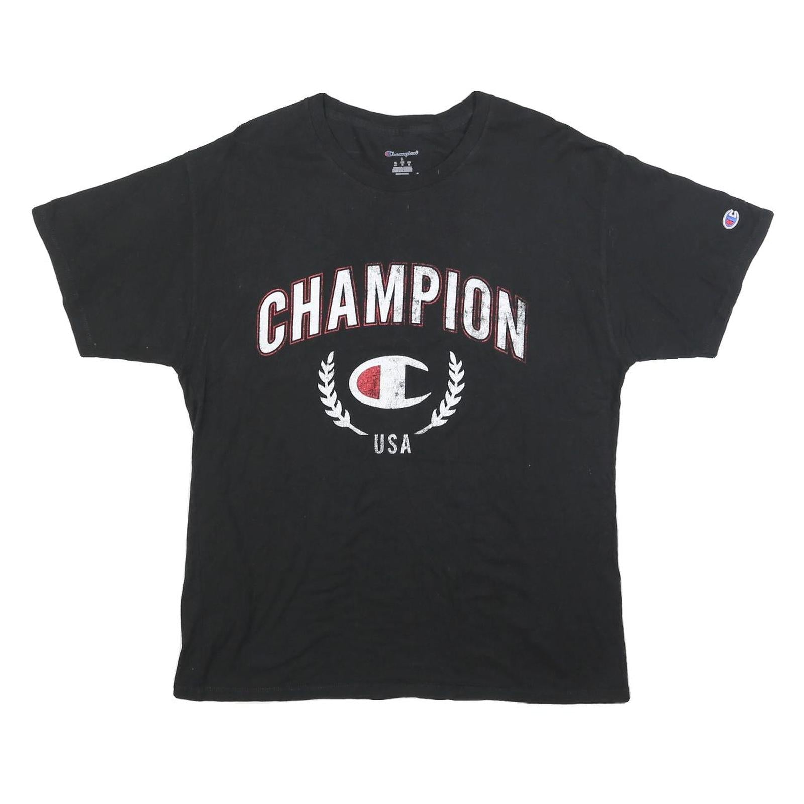 CHAMPION Mens Black Graphic T-Shirt L Short Sleeve Crew Neck Cotton Blend Casual Refurbished - N/A refurbished available on Cerqular