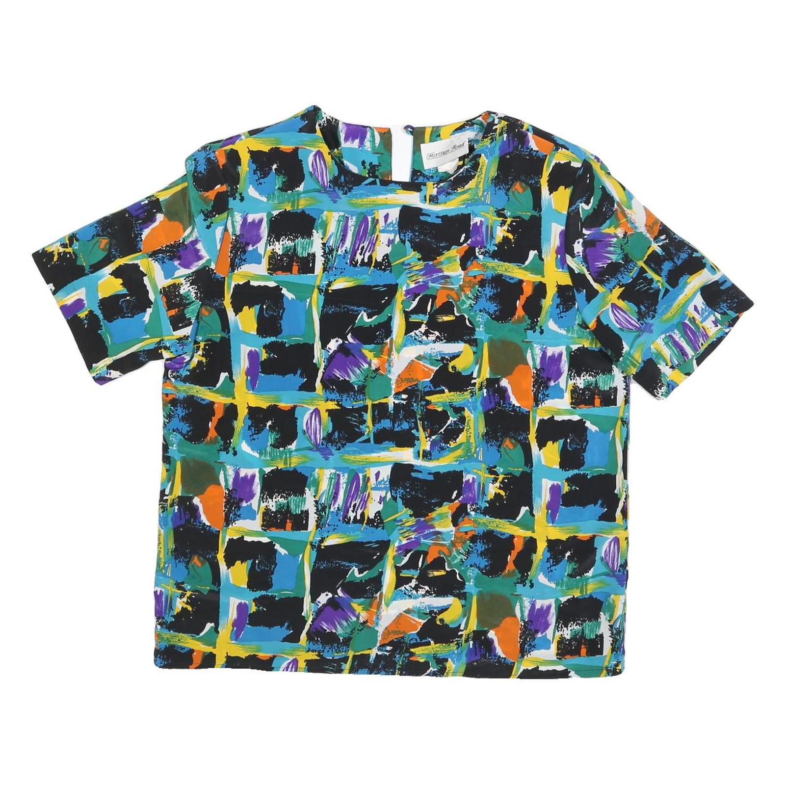 HERITAGE ROAD Womens Blue Green & Black Abstract Printed Top Short Sleeve Round Refurbished - N/A refurbished available on Cerqular