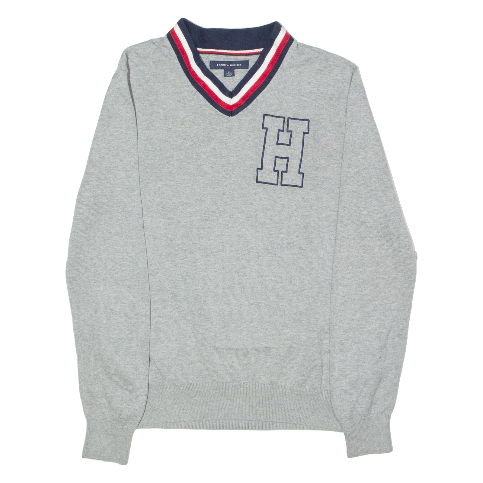 TOMMY HILFIGER Mens Patterned Jumper Grey Striped V-Neck Tight Knit XS Refurbished - N/A refurbished available on Cerqular