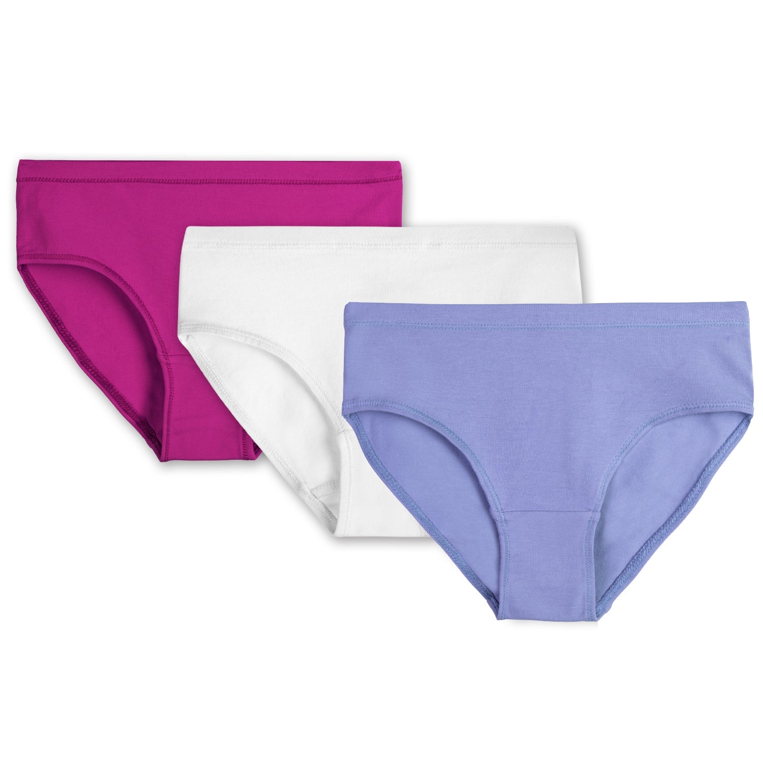 Organic Cotton Kids Bikini Underwear - 3 Pack | Color: Raspberry, White and Periwinkle | Size: Medium (8) Refurbished - N/A (Note: There is no well-known brand named "M refurbished available on Cerqular