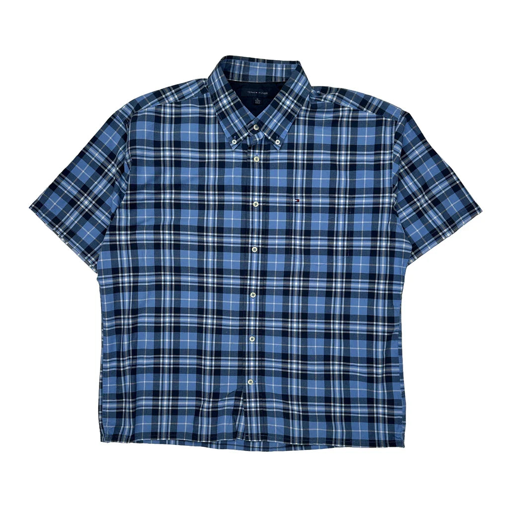 Tommy Hilfiger Checked Short Sleeve Shirt - XL Blue Cotton Refurbished - Thrifted (note: this is a term often used to describe second- refurbished available on Cerqular