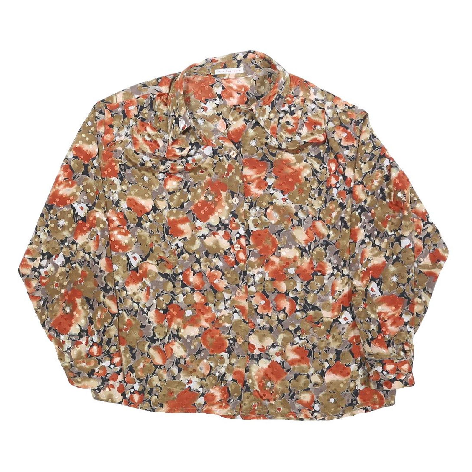 Womens Beige & Orange Floral Blouse Long Sleeve Collared L Polyester Blend Refurbished - N/A refurbished available on Cerqular