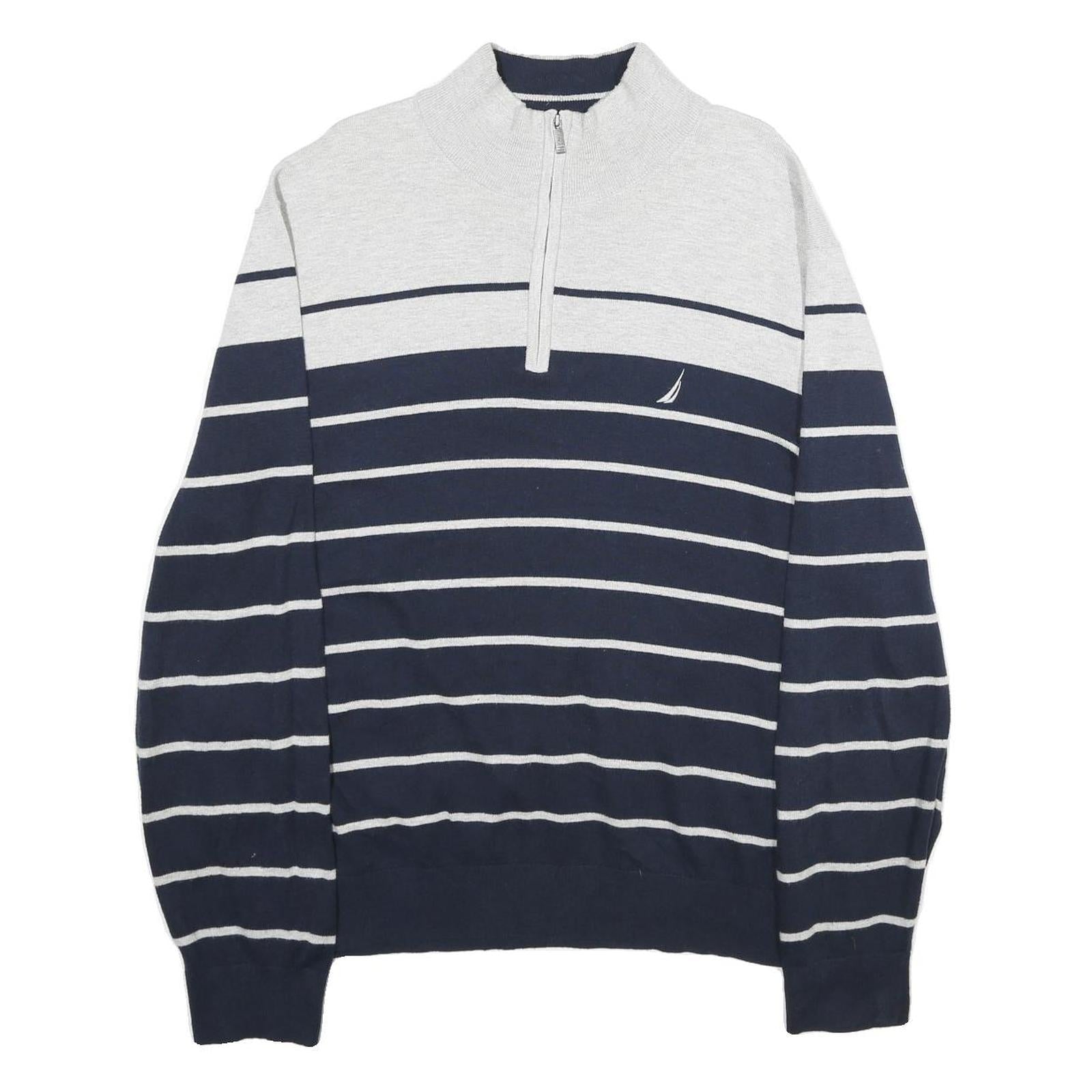 NAUTICA Mens Navy & Grey Striped Pullover Jumper Quarter Zip Cable Knit XL Refurbished - N/A refurbished available on Cerqular