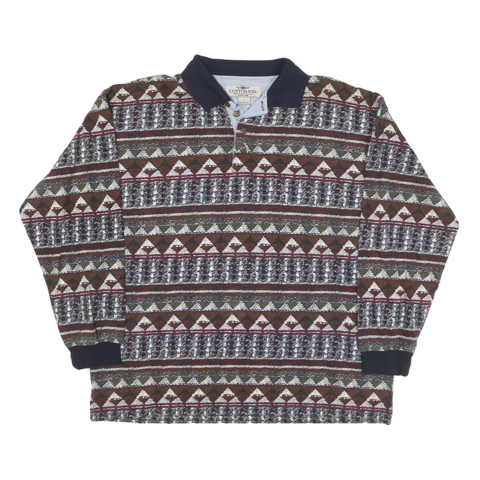 COTTON MILL Mens Brown & Green Patterned Long Sleeve Polo Shirt L Cotton Blend Refurbished - N/A refurbished available on Cerqular