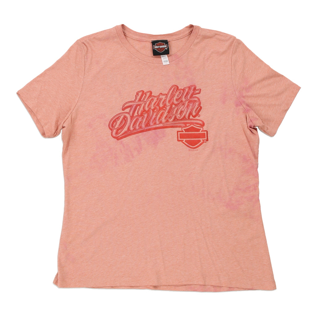 Rockford, Illinois Harley Davidson Spellout T-Shirt - Large Pink Cotton Refurbished - Thrifted (note: this is a term often used to describe second- refurbished available on Cerqular