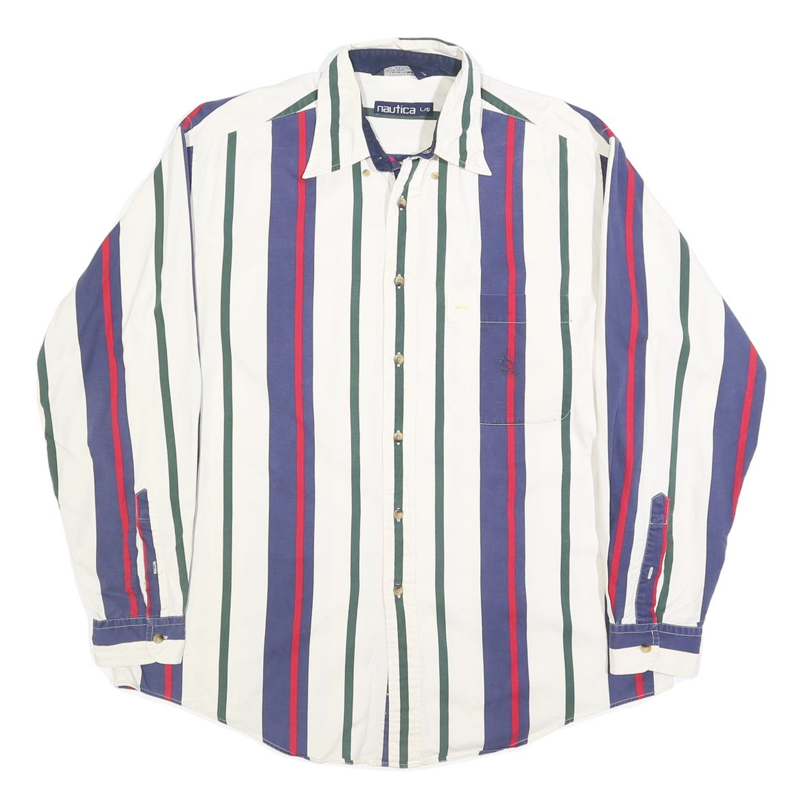 NAUTICA Mens White Green & Blue & Red Striped Shirt L Classic Cotton Casual Refurbished - N/A refurbished available on Cerqular