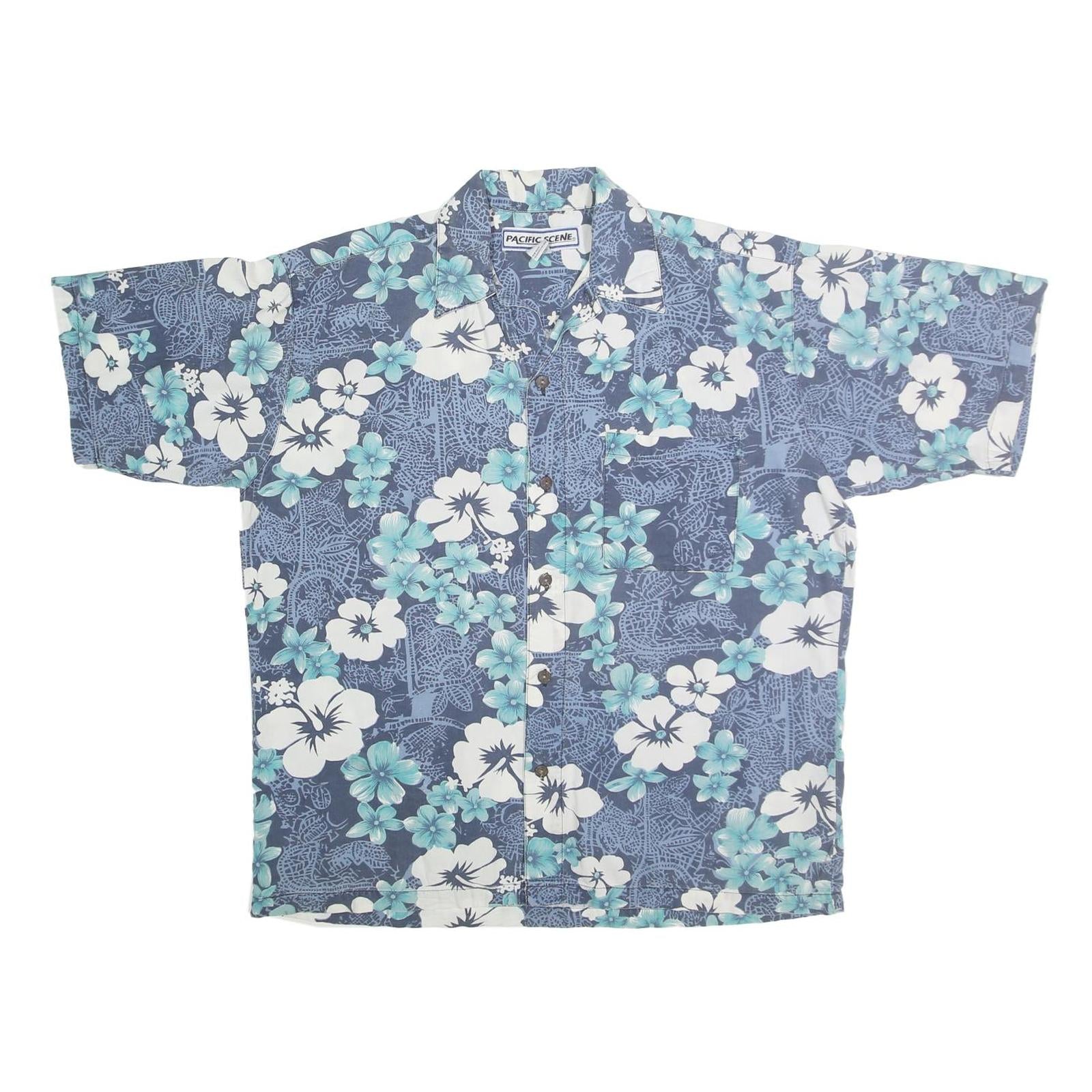 PACIFIC SCENE Mens Blue & White Floral Cotton Shirt L Hawaiian Style Casual Refurbished - N/A refurbished available on Cerqular