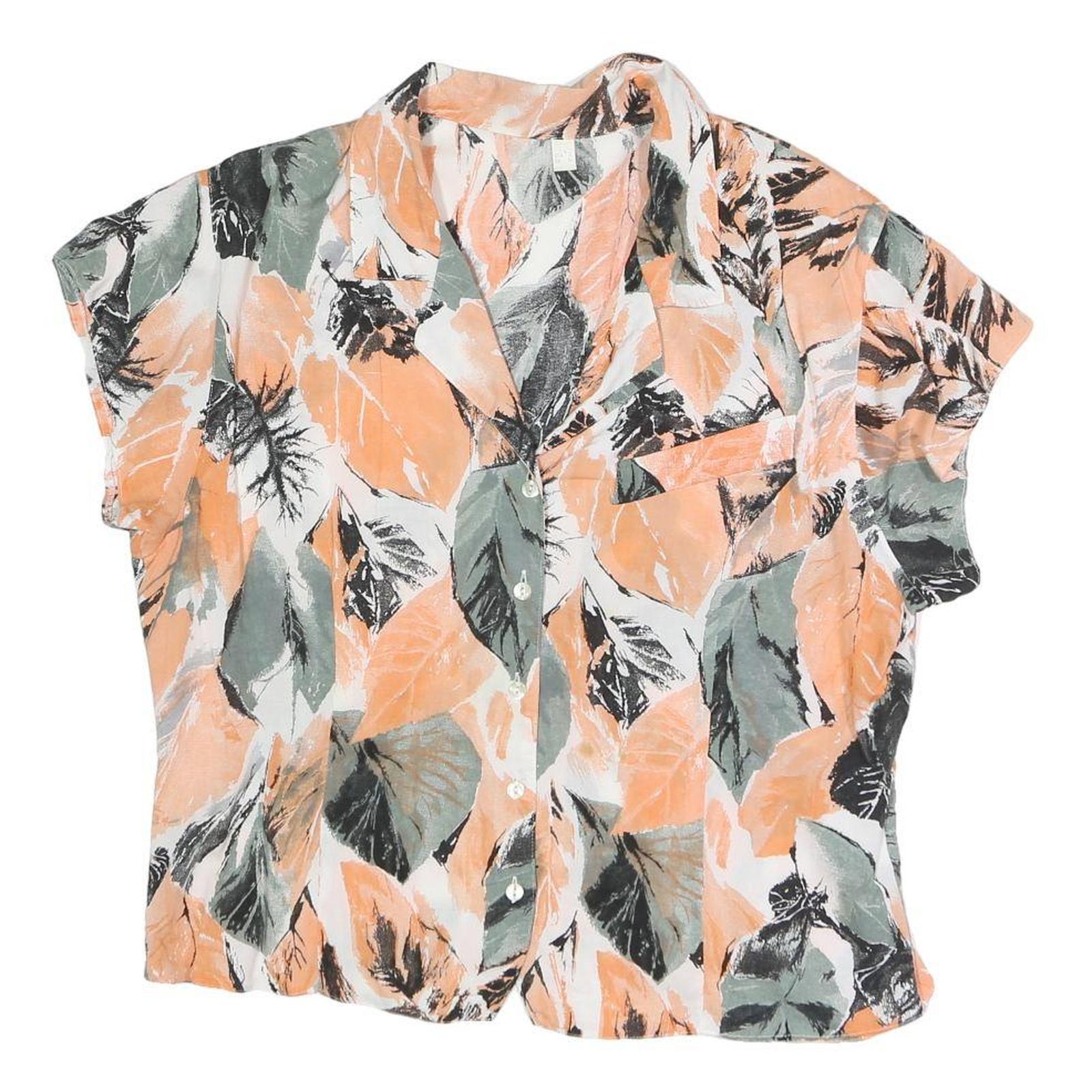 Womens Orange Green & Black Leaf Print Blouse Short Sleeve Collared UK 14 Refurbished - N/A refurbished available on Cerqular