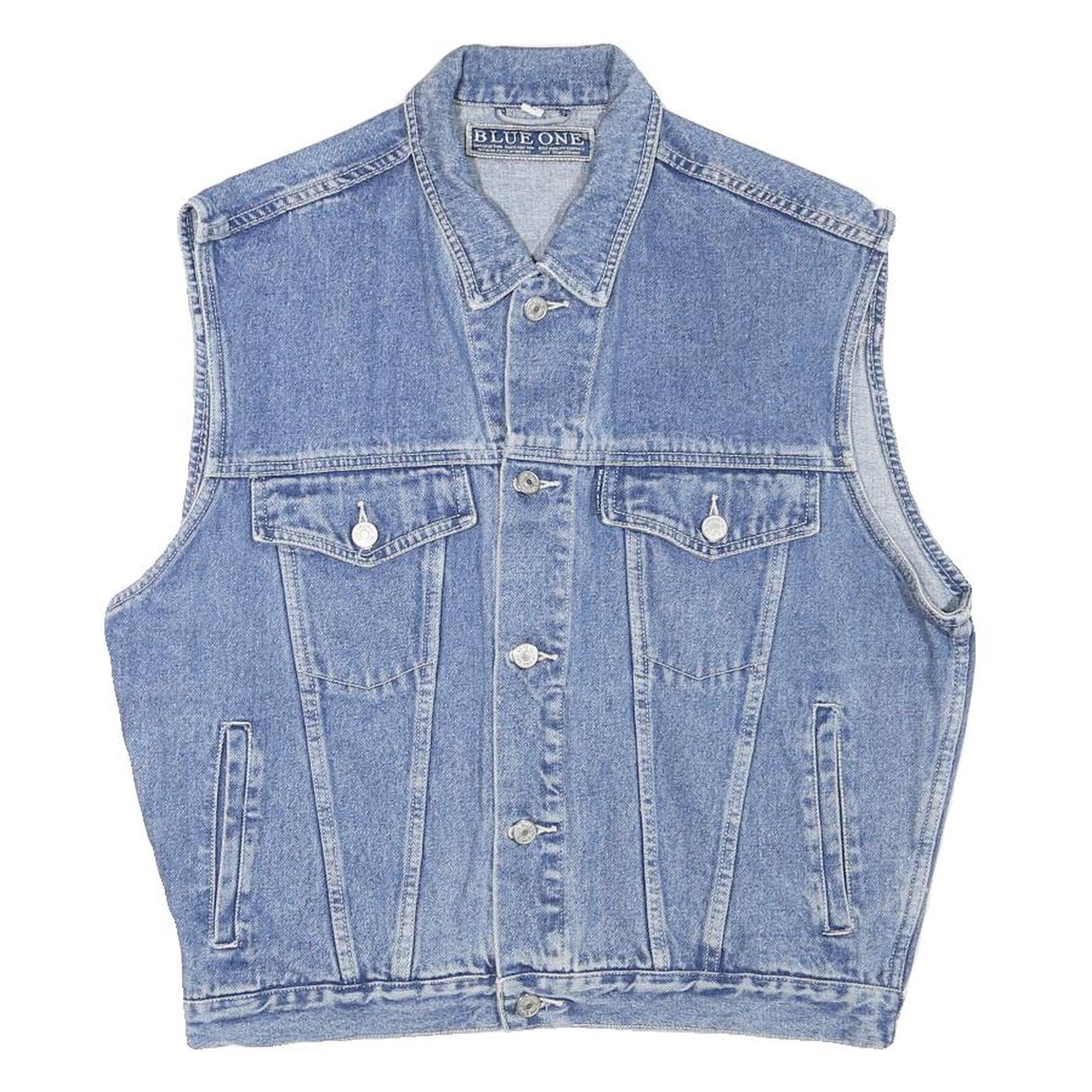 BLUE ONE Mens Blue Denim Jacket L Cotton Blend Button Sleeveless Classic Casual Refurbished - N/A refurbished available on Cerqular