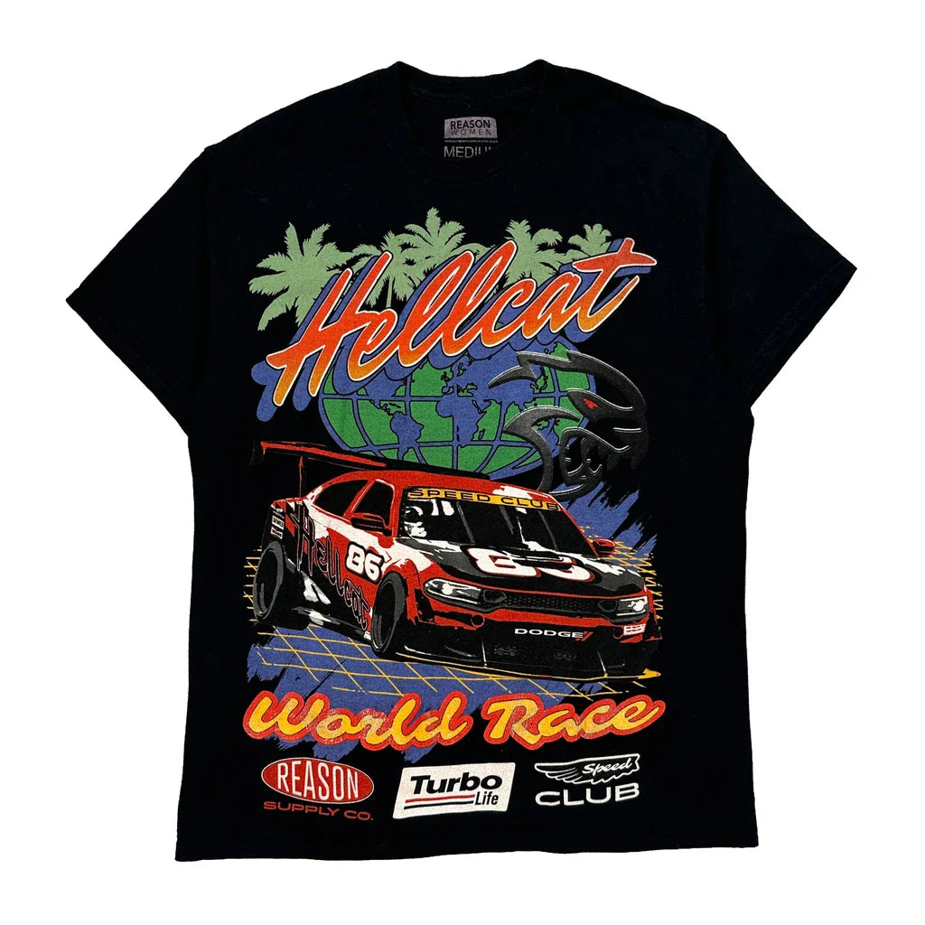 Hellcat World Race Reason Graphic T-Shirt - Medium Black Cotton Refurbished - Thrifted (note: this is a term often used to describe second- refurbished available on Cerqular