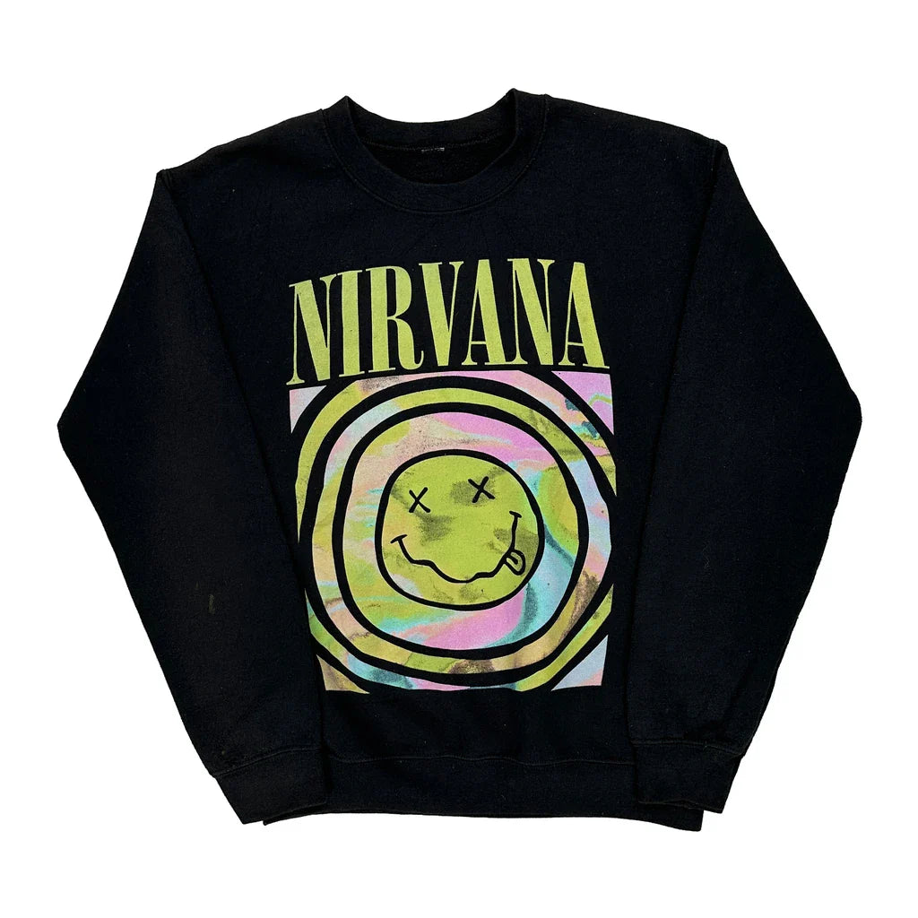 Nirvana Band Sweatshirt - Large Black Cotton Refurbished - Thrifted (note: this is a term often used to describe second- refurbished available on Cerqular